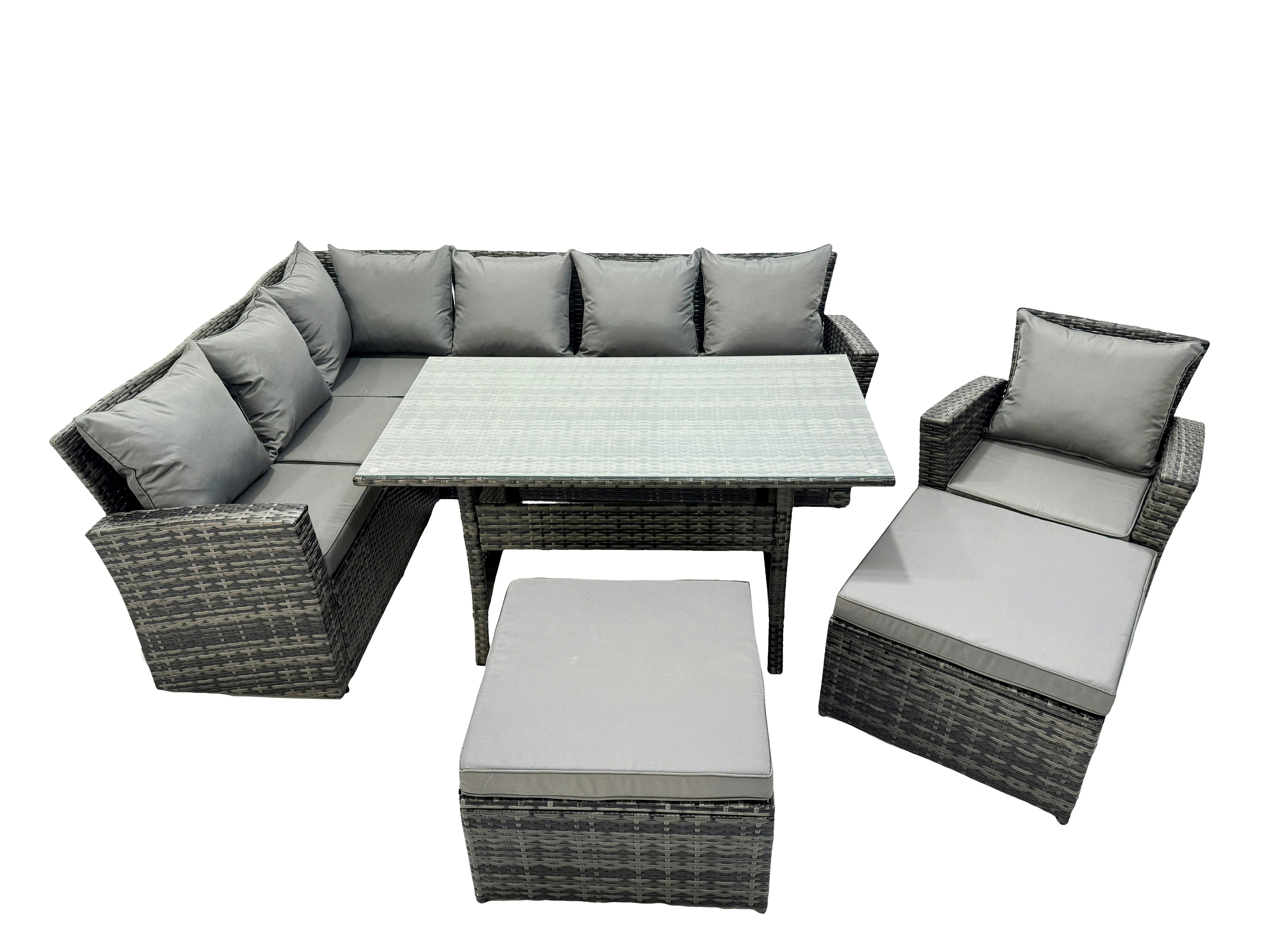 Fimous Dark/Grey 9 Seat Rattan High Back Corner Sofa Set Patio Dining Table Set With 2 Big Stools Chair Mixed
