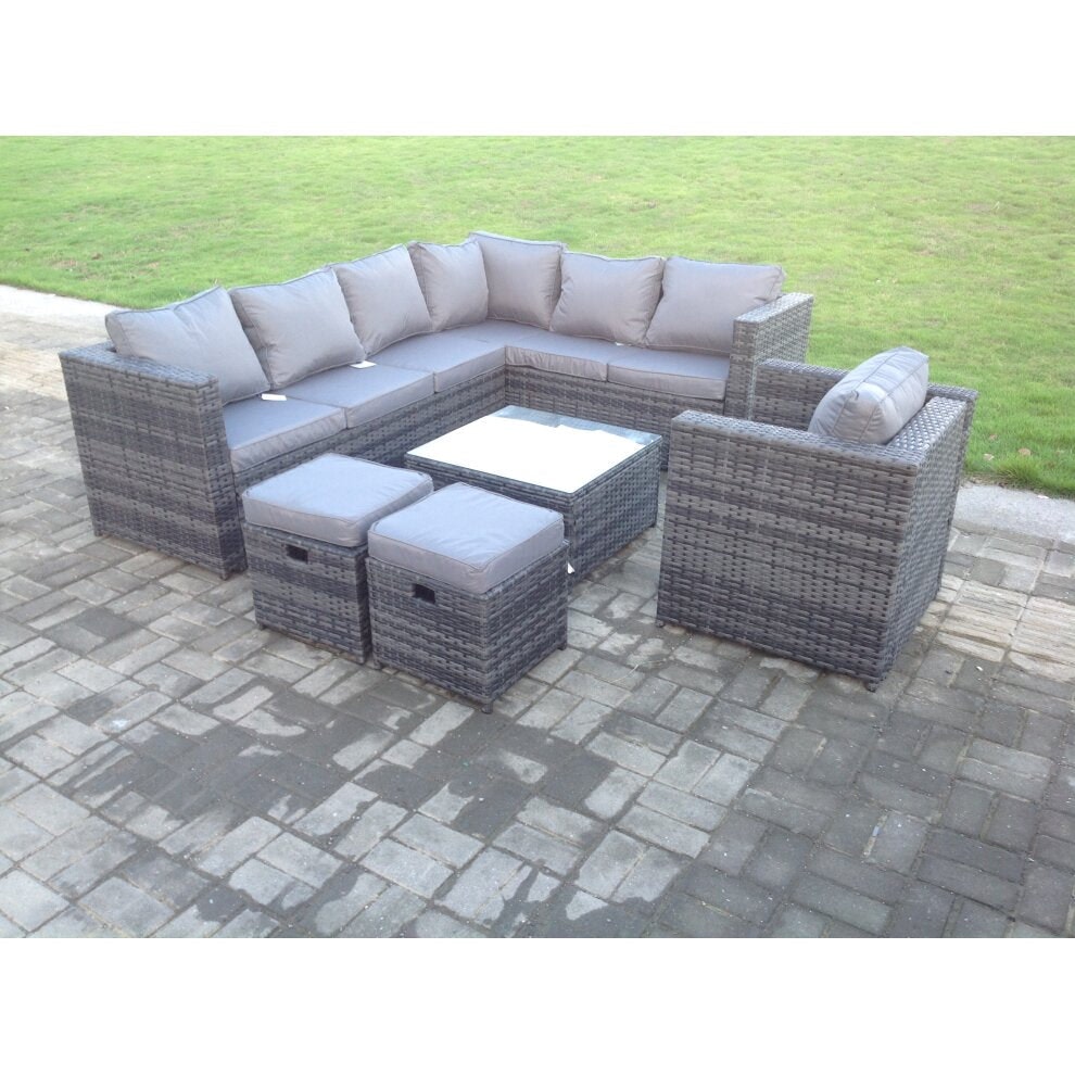 Fimous Dark/Grey Mixed Rattan Garden Furniture Corner Sofa Set Square Coffee Table Chair Footstools Right Hand Option