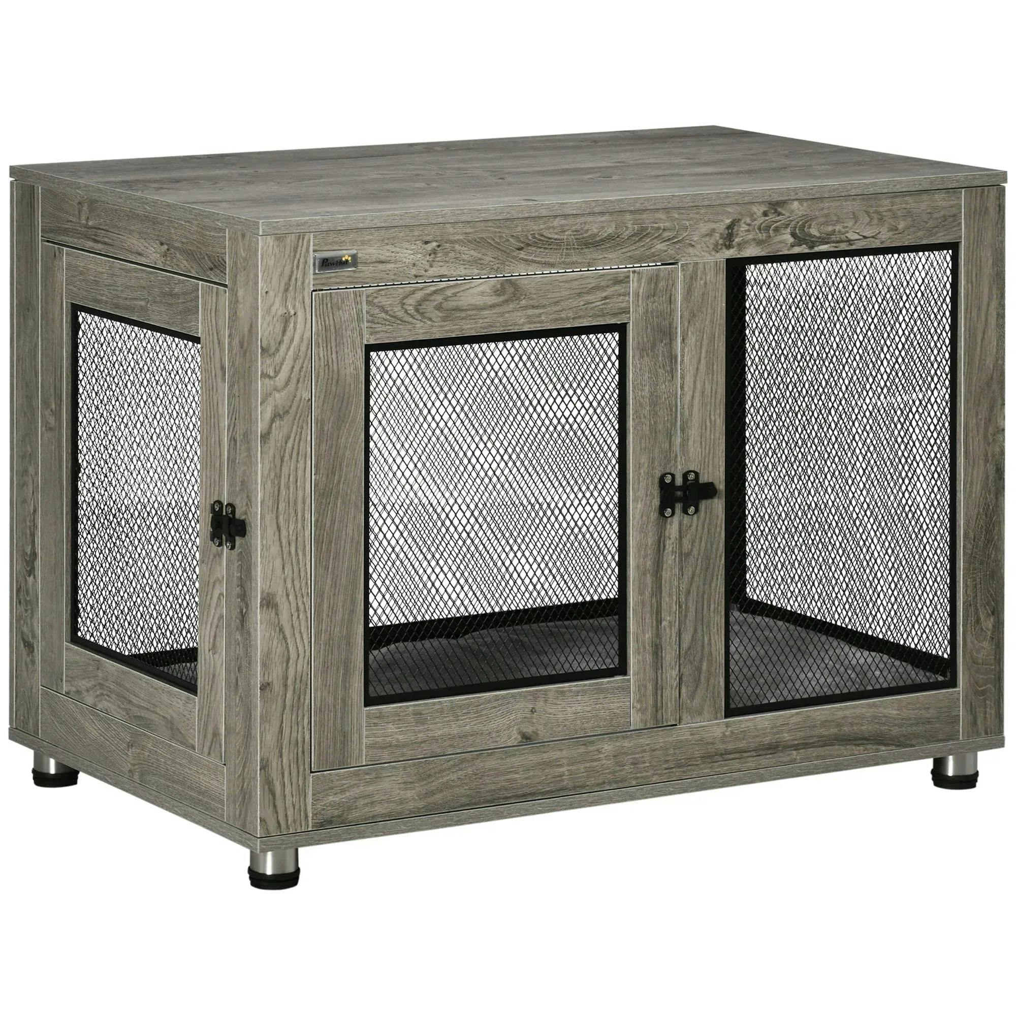 PAWHUT Dog Crate Furniture End Table Washable Cushion Two Doors Pet Kennel in Grey | Size: XL - Image 6