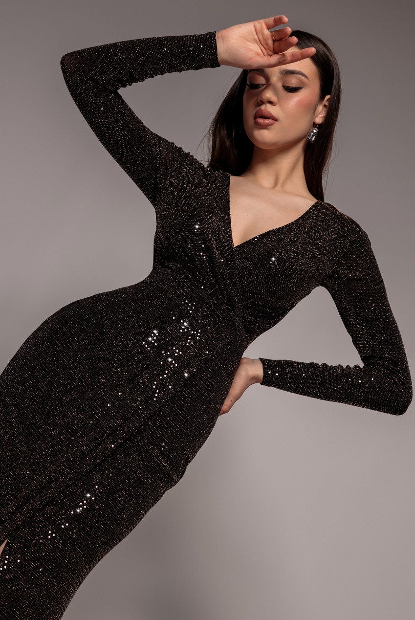 Goddiva Black Glitter Lurex Long Sleeve Wrap Maxi Dress - By - 12