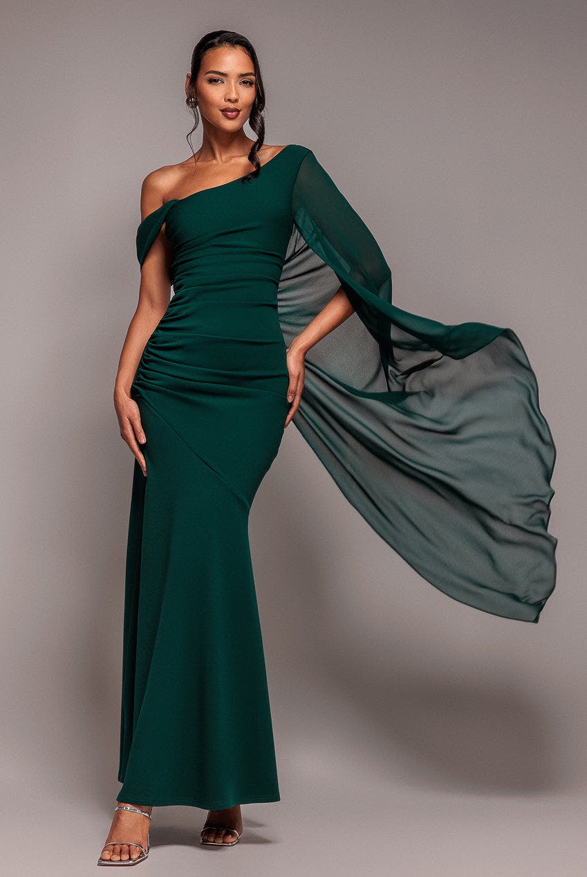 Goddiva Green One Shoulder Cape Scuba & Chiffon Maxi Dress - Emerald By - Emerald - 14