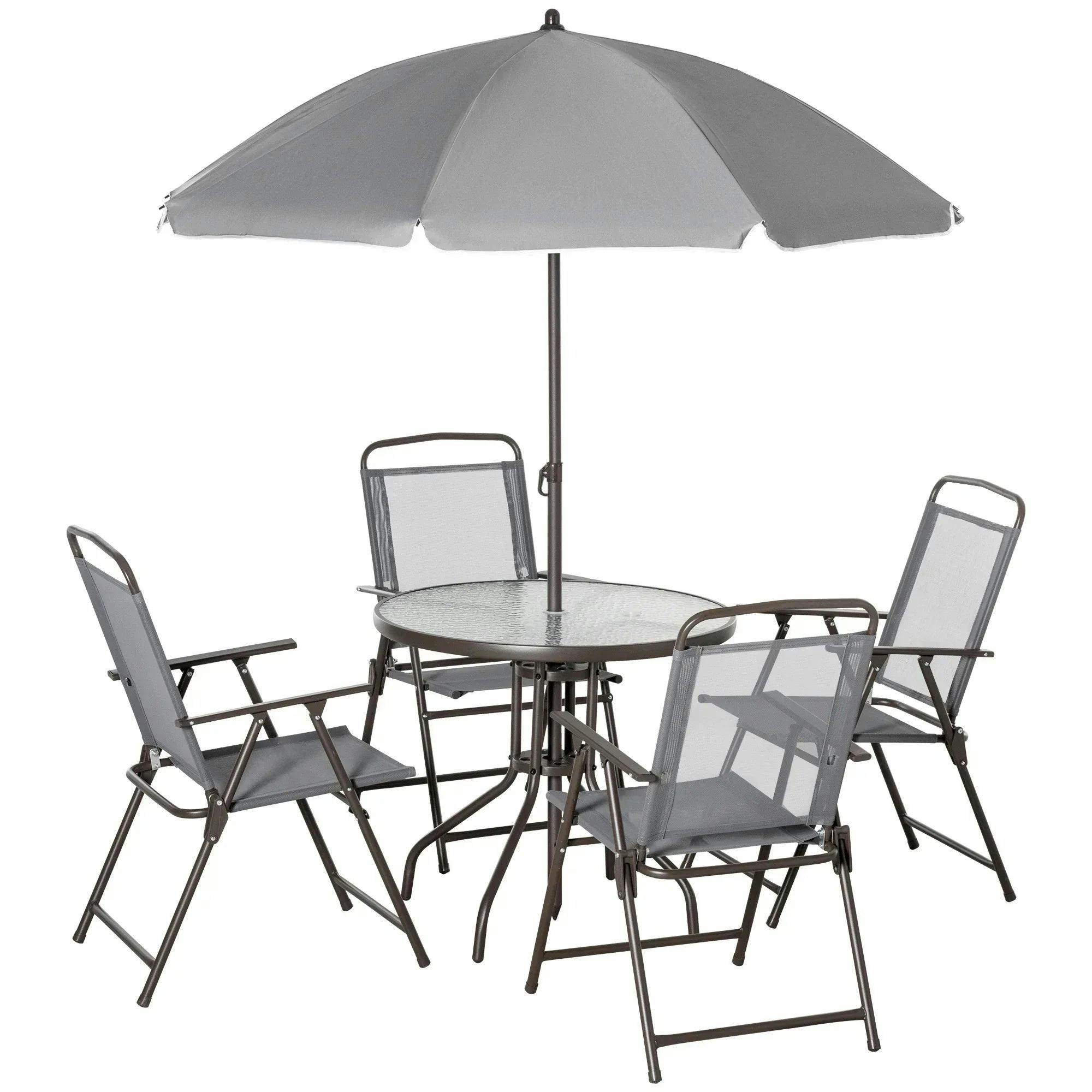 Rackhams Grey 6 Piece Garden Dining Set With Umbrella, Outdoor Dining Sets With Parasol, 4 Folding Dining Chairs & Round Tempered Glass Table, - Image 6