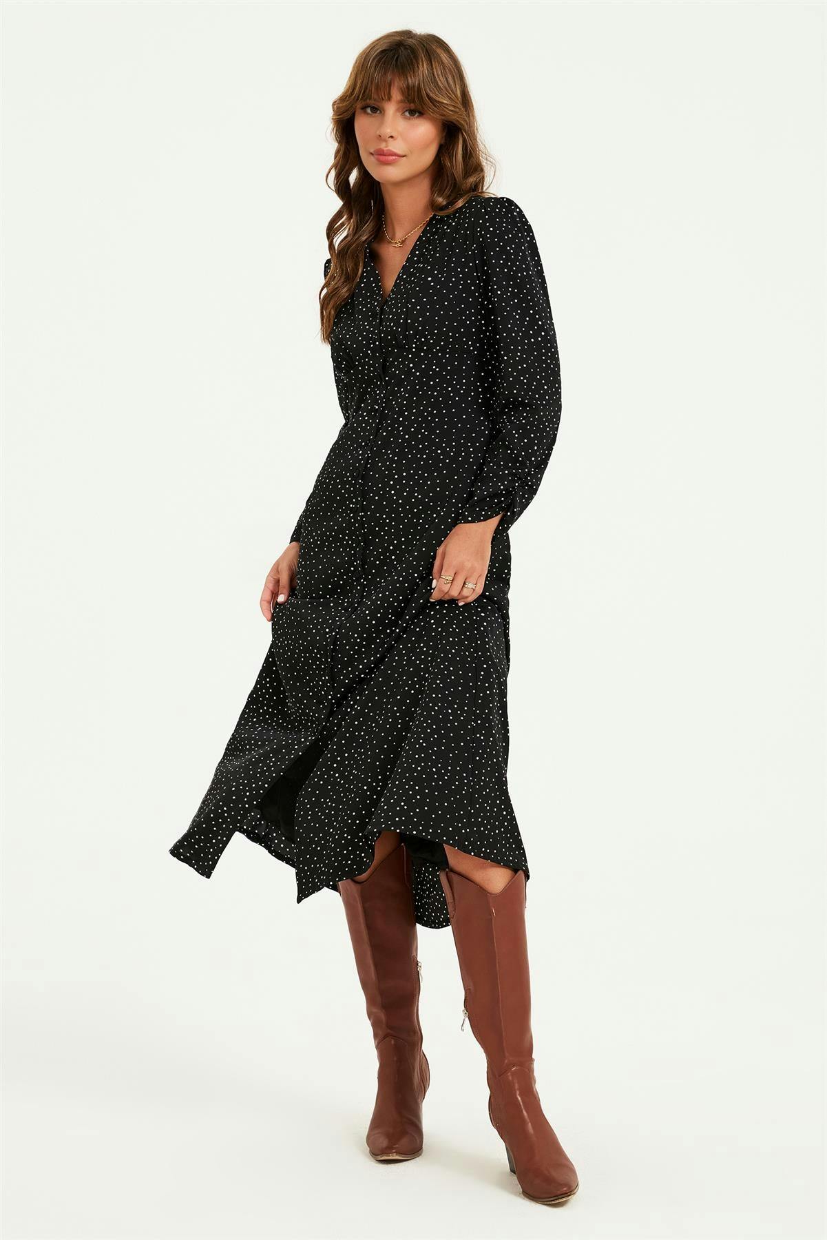 Fs Collection Black Dot Print Long Sleeve Button Front Midi Dress In - M
