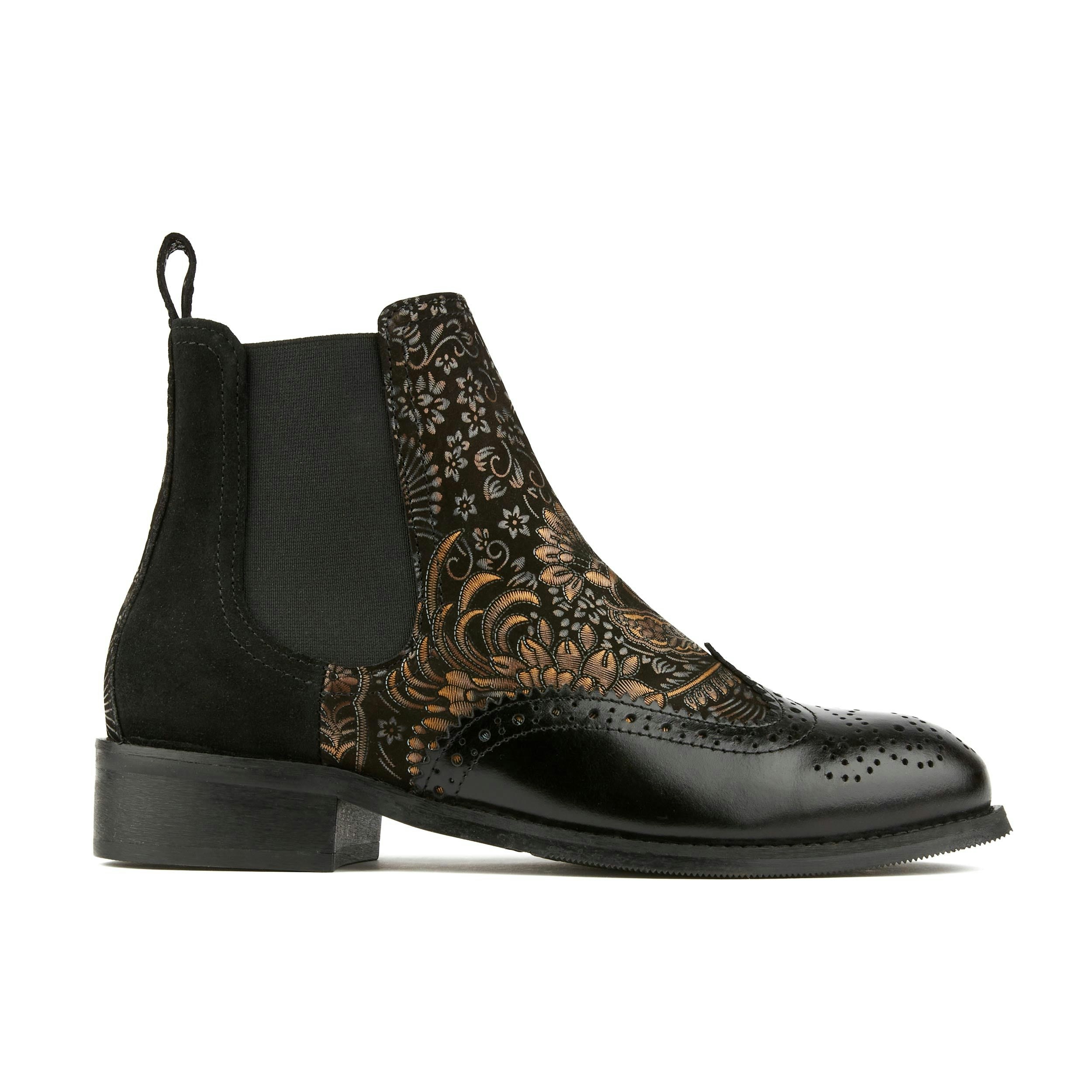 Embassy London Women's Black/Gold Mamacita - Chelsea Boot With Wingtip Brogue Detail - Uk 9 / Eu 42 / Us 11