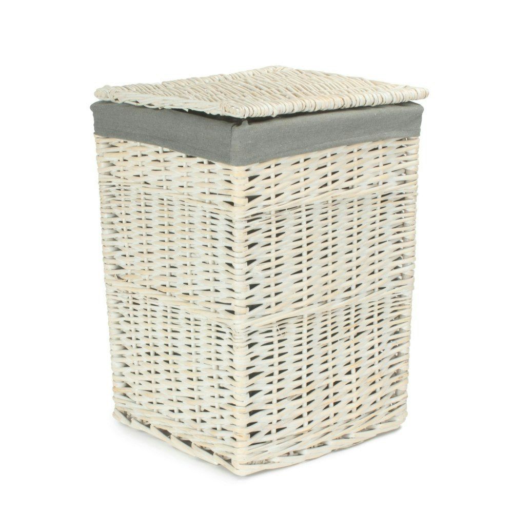 Rackhams White/Grey Small Square Wash Wicker Laundry Hamper With Sage Lining