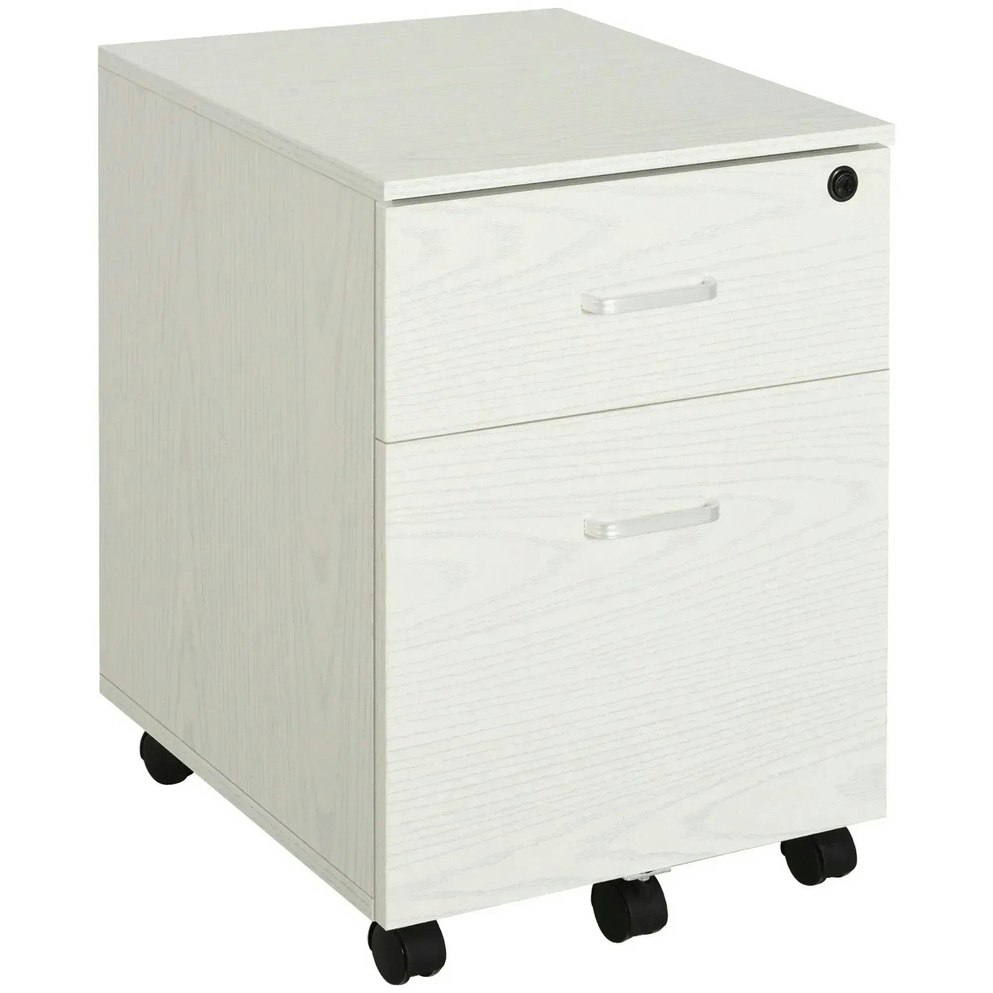 Rackhams White 2-Drawer Locking Office Filing Cabinet 5 Wheels Rolling Storage Oak - Image 5