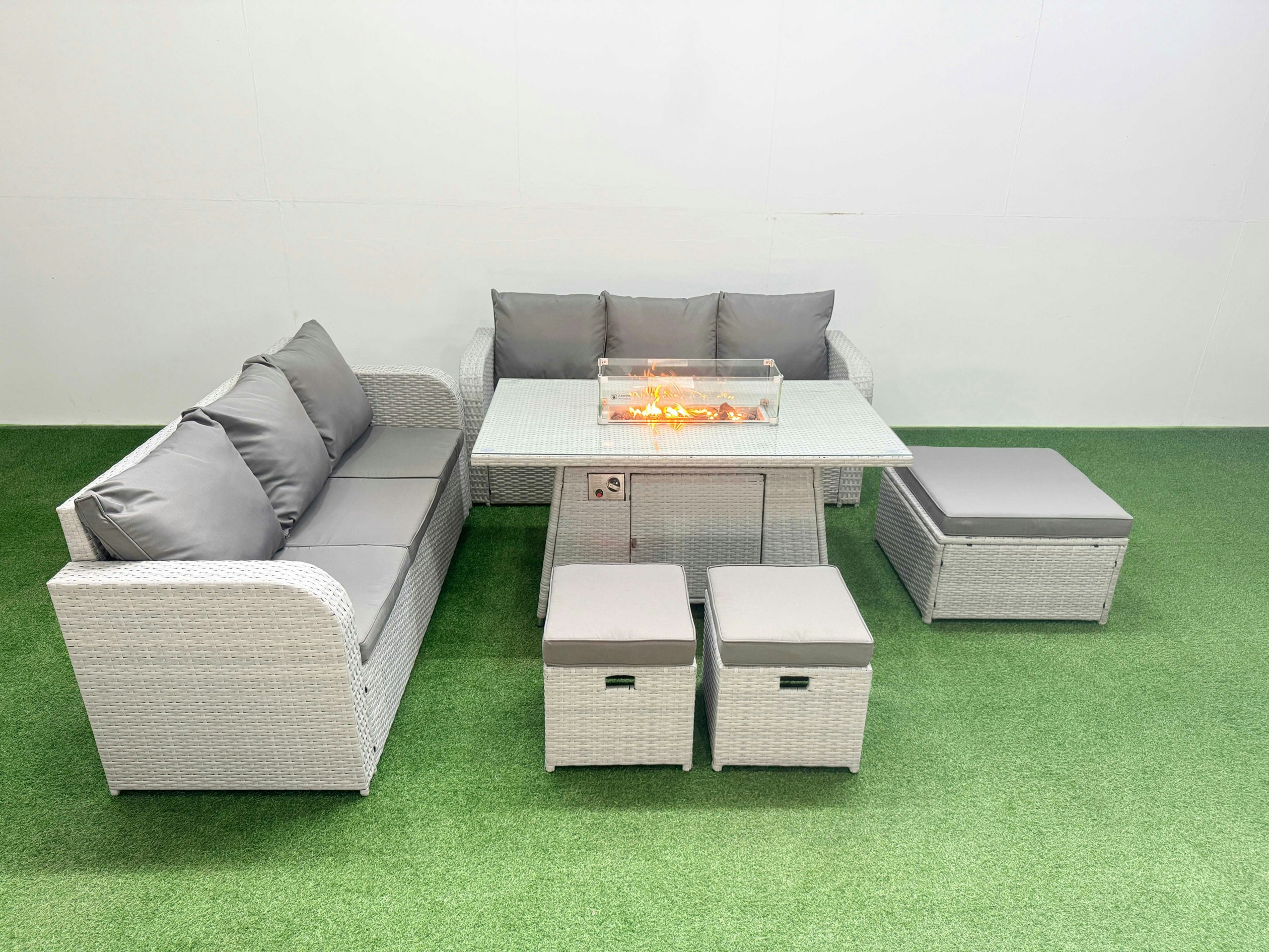 Fimous Light/Grey Outdoor Garden Furniture Sets 9 Seater Wicker Rattan Furniture Sofa Sets With Fire Pit Dining Table High Back Lounge Sofa 3 Stools