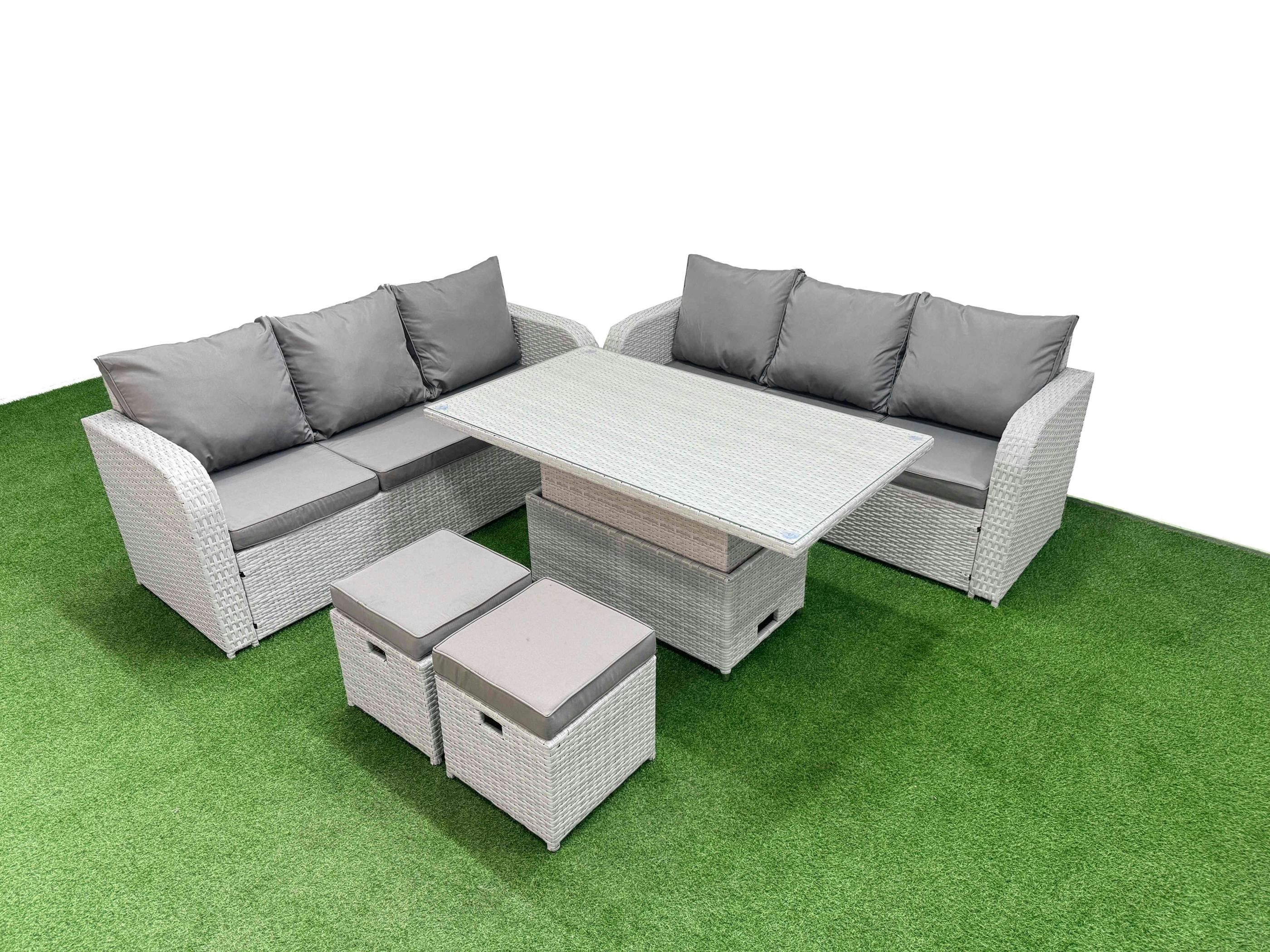 Rackhams Light/Grey 8 Seater Outdoor Furniture Set, Wicker Rattan, Adj Height Table, High Back Lounge Sofa And Stools,