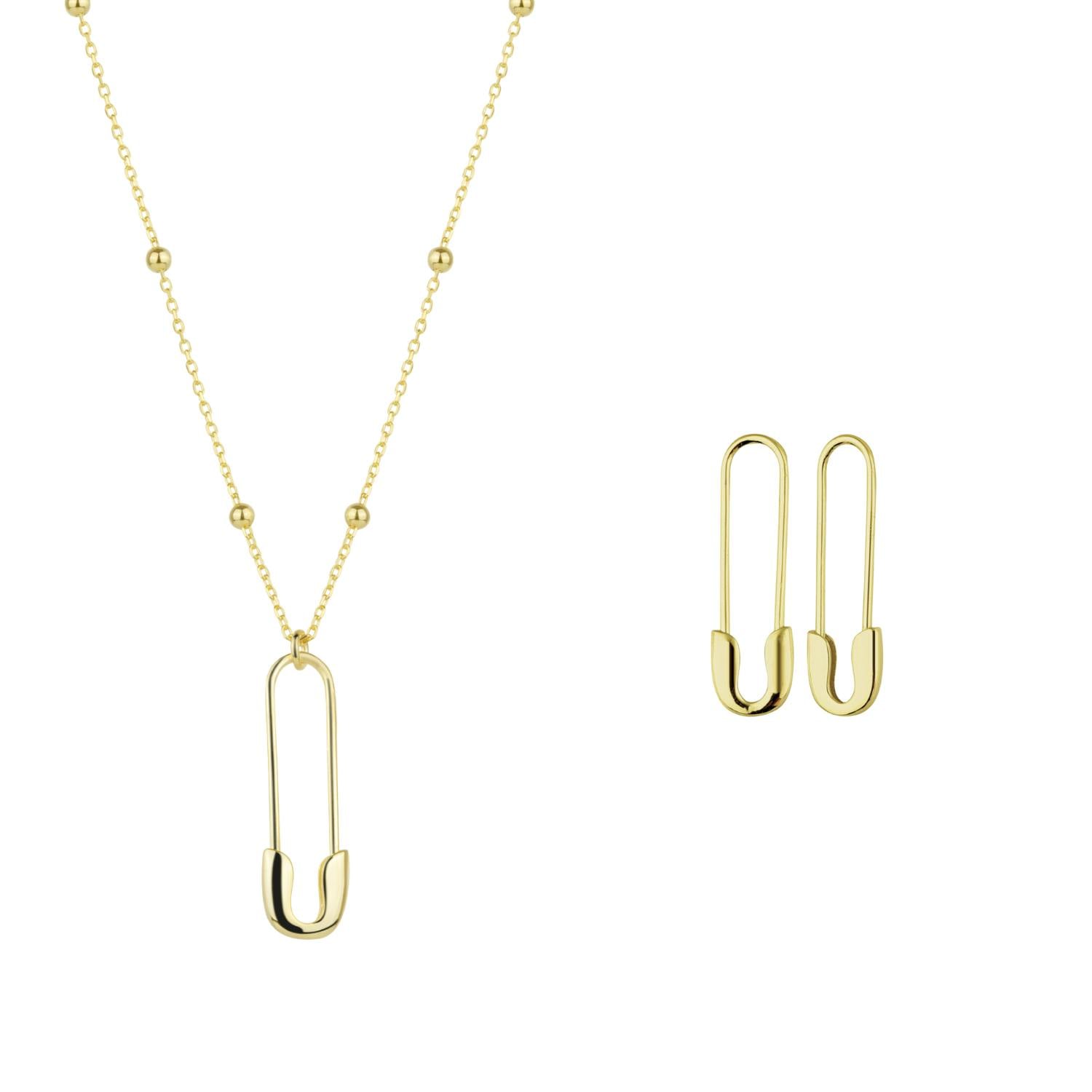 Spero London Silver/Gold Sterling Safety Pin Necklace & Earring Set