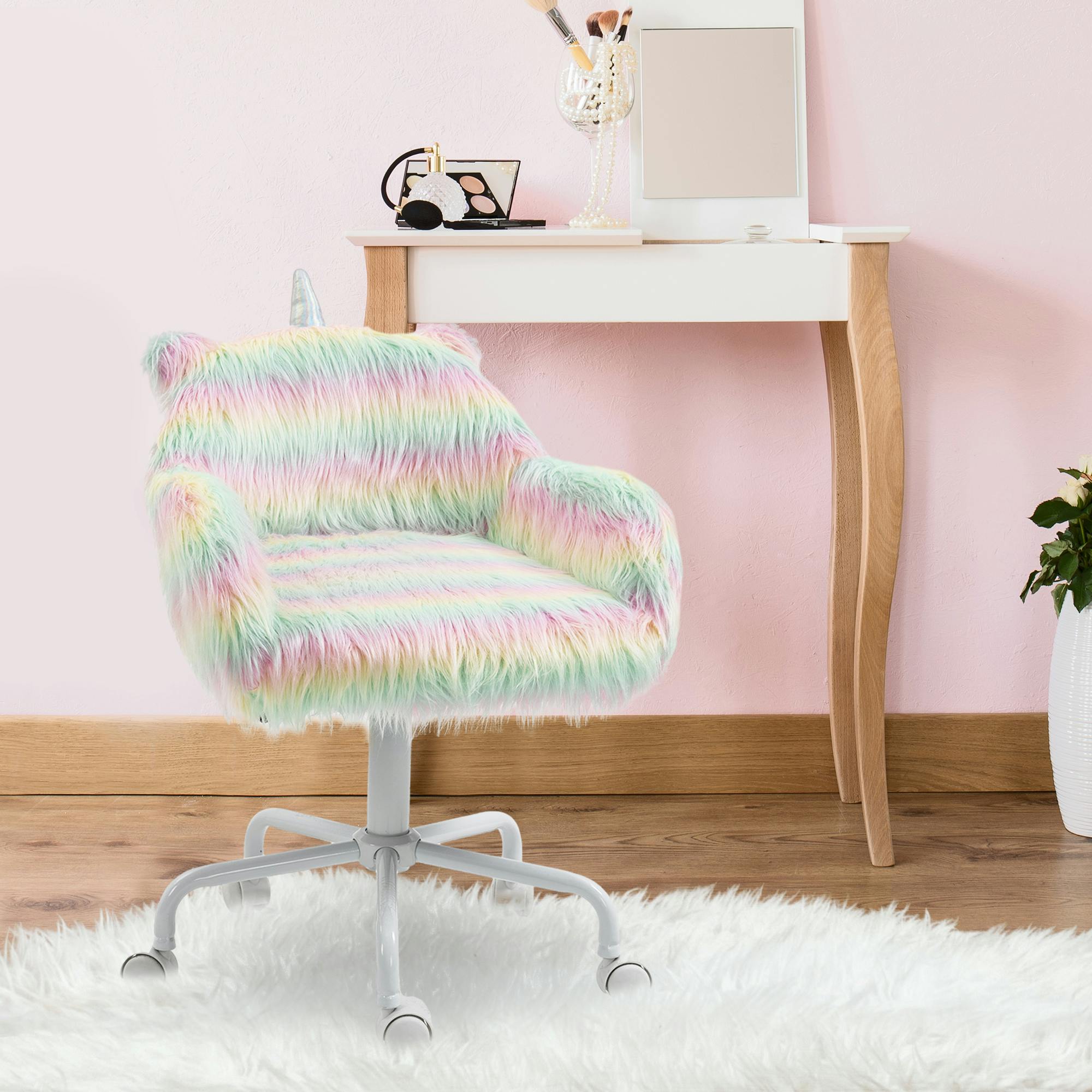 Vinsetto Unisex Multicolor Fluffy Desk Chair With Arms Faux Fur Home Office Chair With Wheels - Image 2