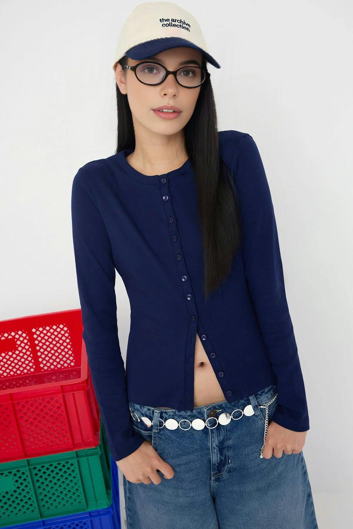 Wovcor Buttoned Stretch Knit Blouse - Navy - Xl