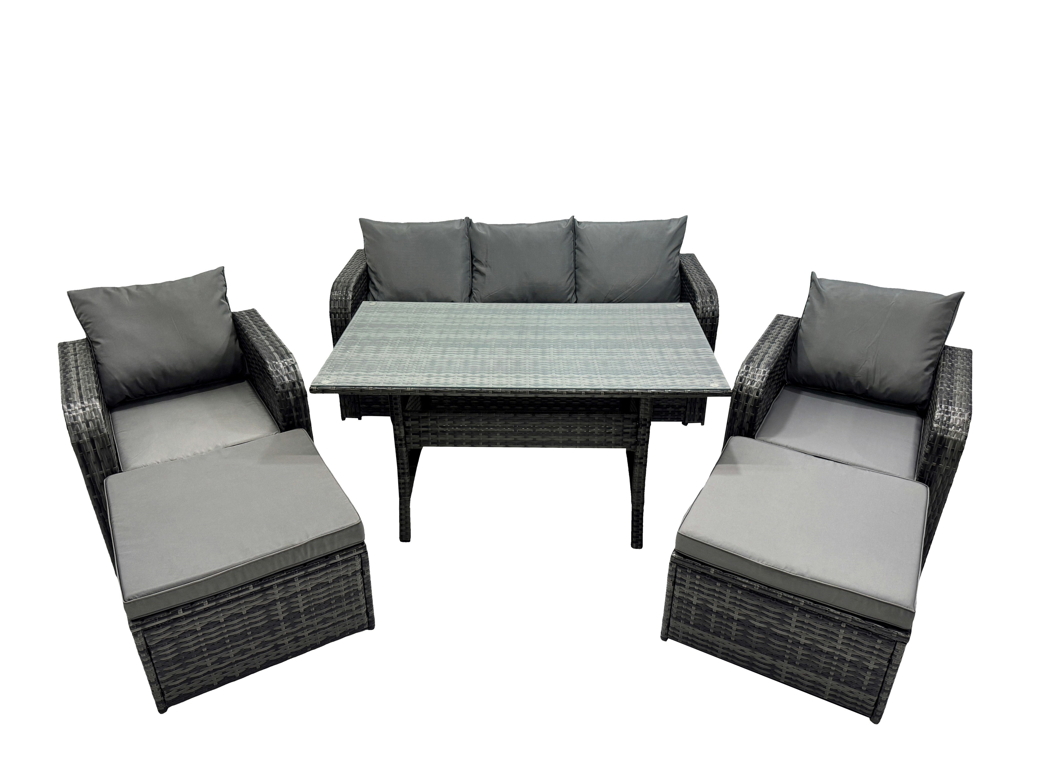 Fimous Dark/Grey 7 Seat Outdoor Wicker Pe Rattan Garden Furniture Set Dining Table Sofa Set With 2 Big Stool Mixed