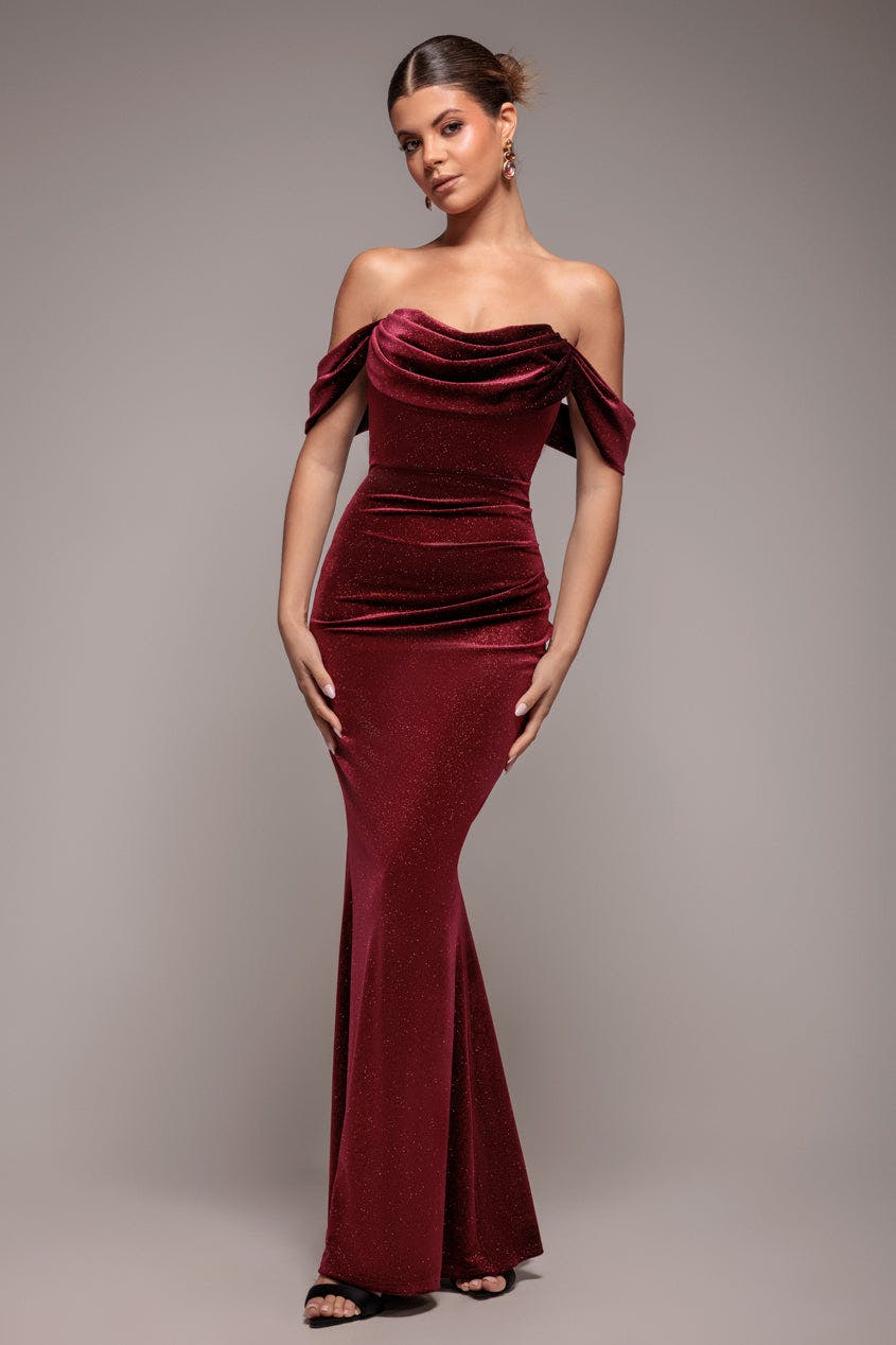 Goddiva Light Glitter Velvet Cowl Neck Pleated Waist Maxi Dress - Wine By - Wine - 18