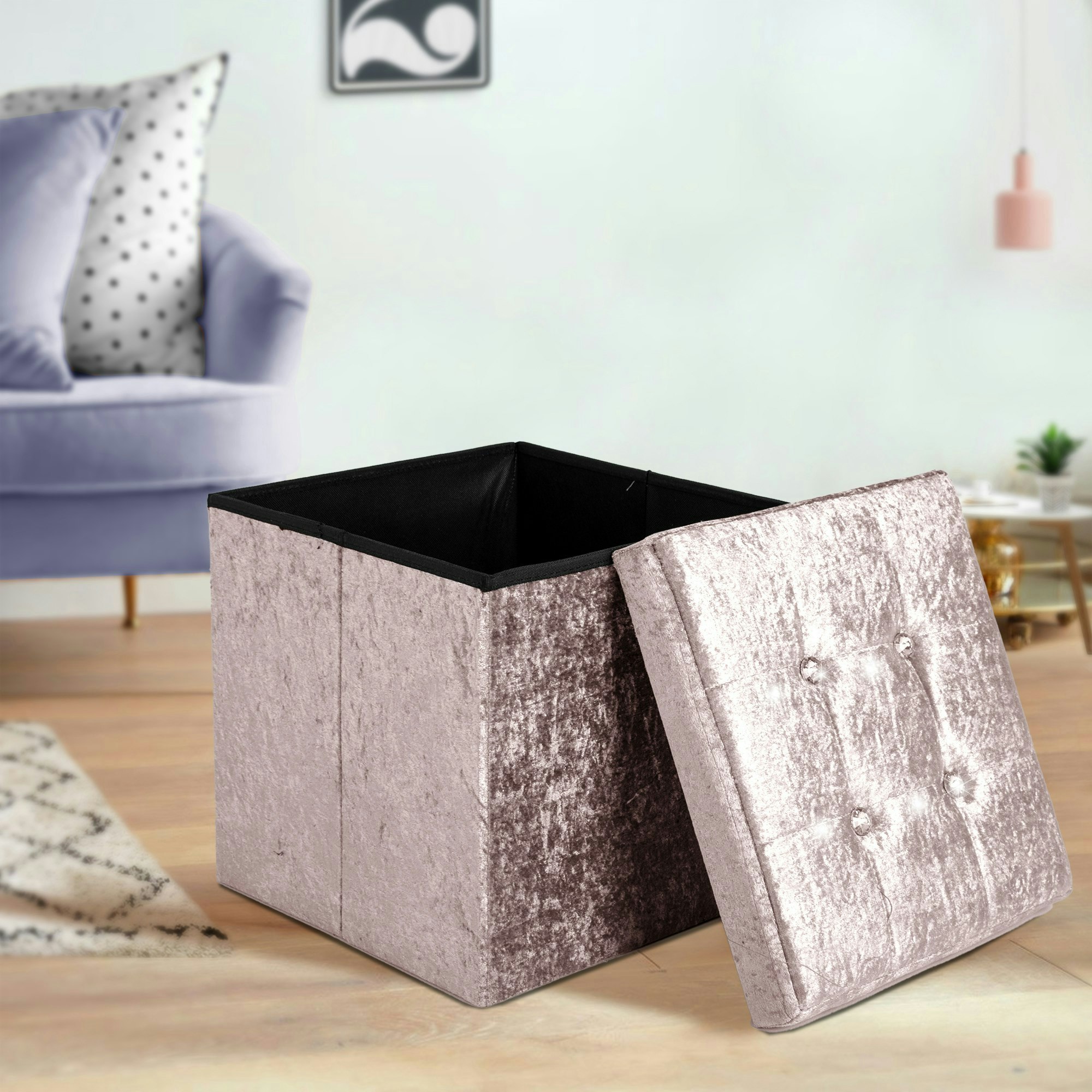 Rackhams Pink Crushed Velvet Storage Ottoman - 38Cm X 38Cm Foldable