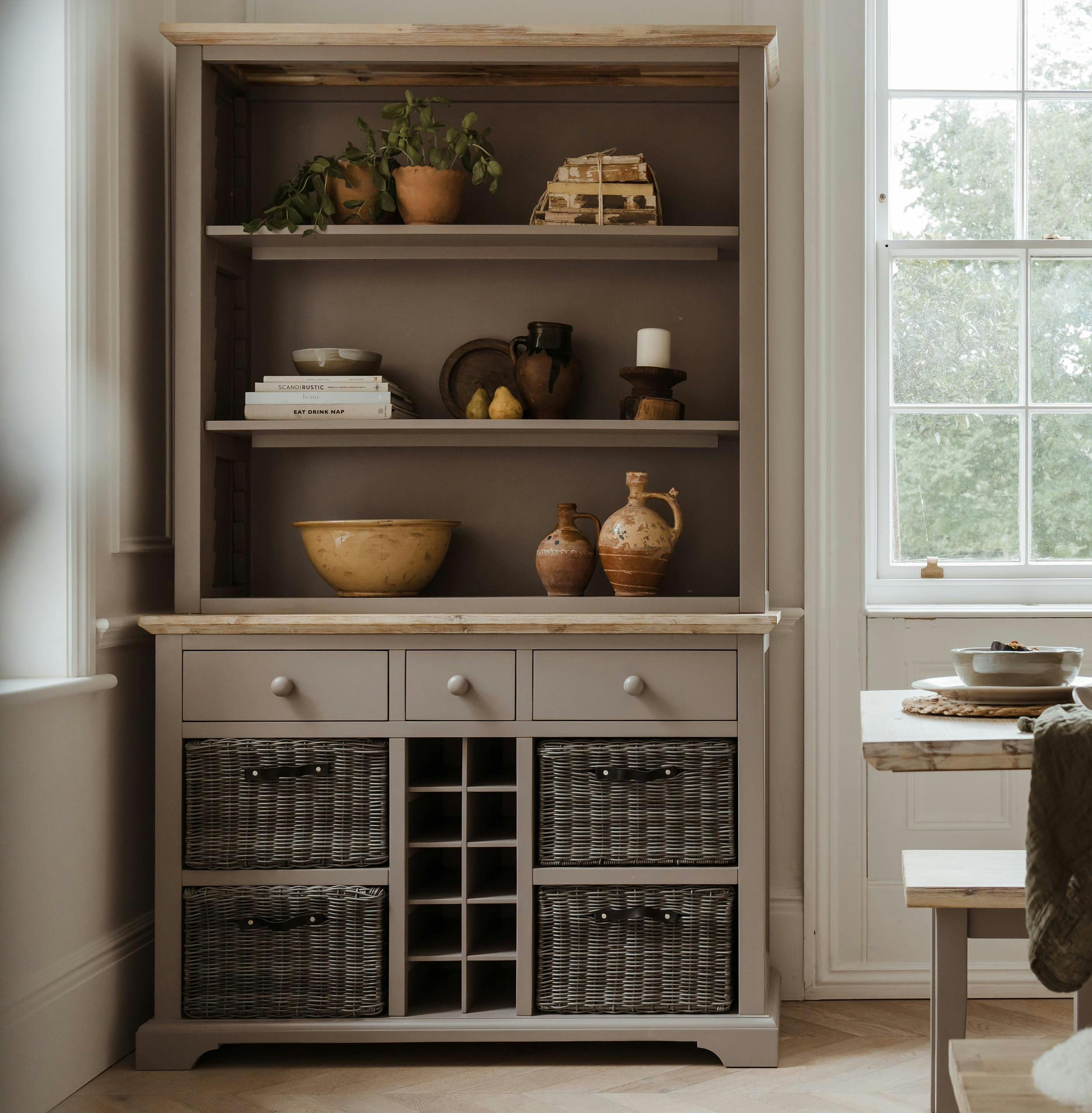 Statement Furniture Grey Florence Display Cabinet With Shelves, Wine Rack And Storage Baskets - Dove