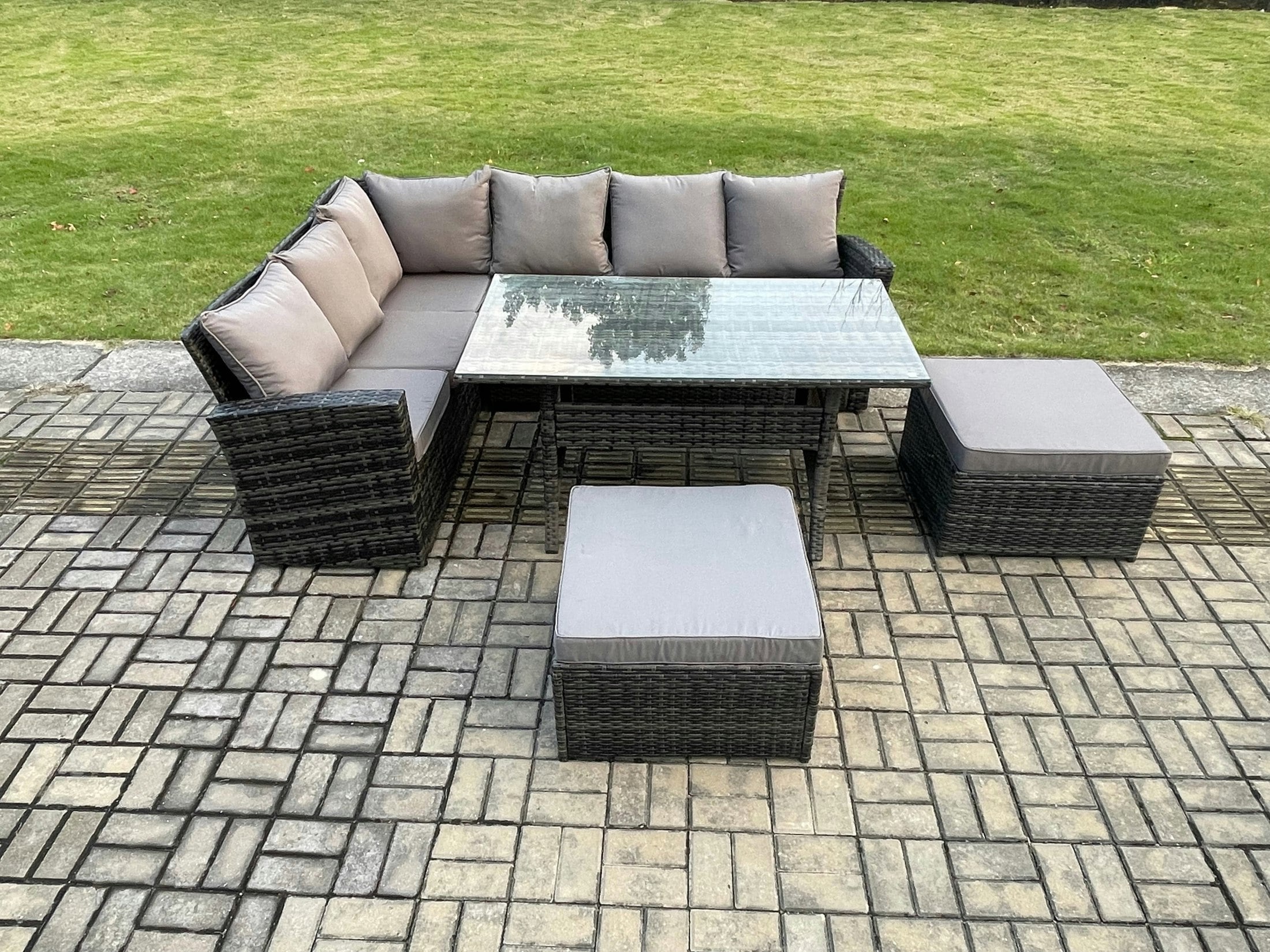 Rackhams Dark/Grey 8 Seater High Back Rattan Garden Furniture Set Corner Sofa With Rectangular Dining Table 2 Big Footstool Mixed