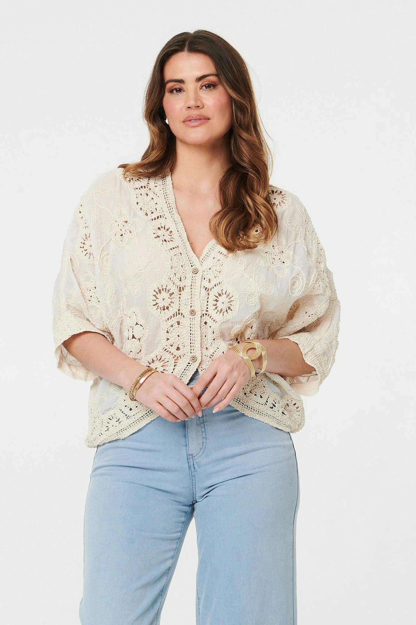 Izabel London Beige Crochet 3/4 Sleeve Relaxed Cardigan - S/M