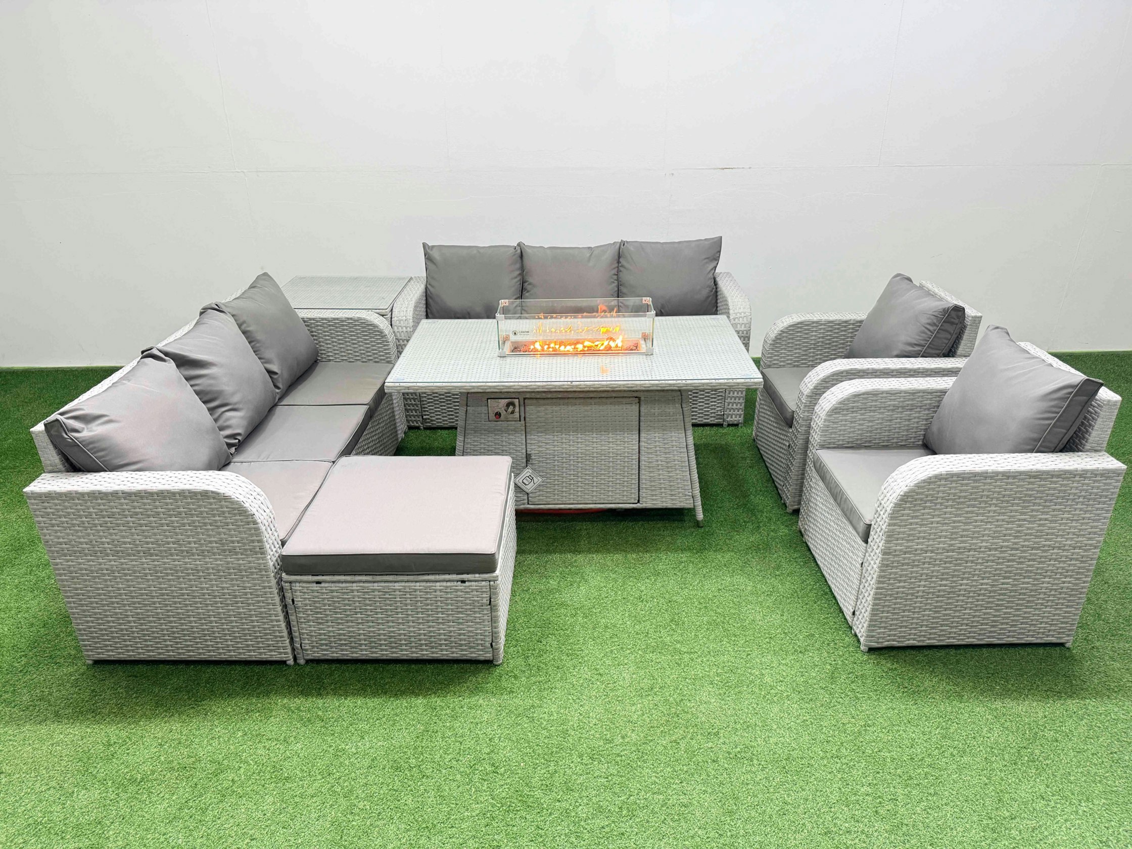 Rackhams Light/Grey Rattan High Back Lounge Sofa Set With Fire Pit Dining Table, 3 Seater Sofa, Reclining Chair, Big Footstool, Side Table
