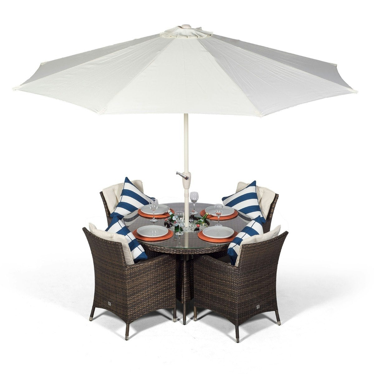 Rackhams Brown/Ivory Savannah Round 4 Seater Patio Dining Set With Ice Bucket Drinks Cooler - 1
