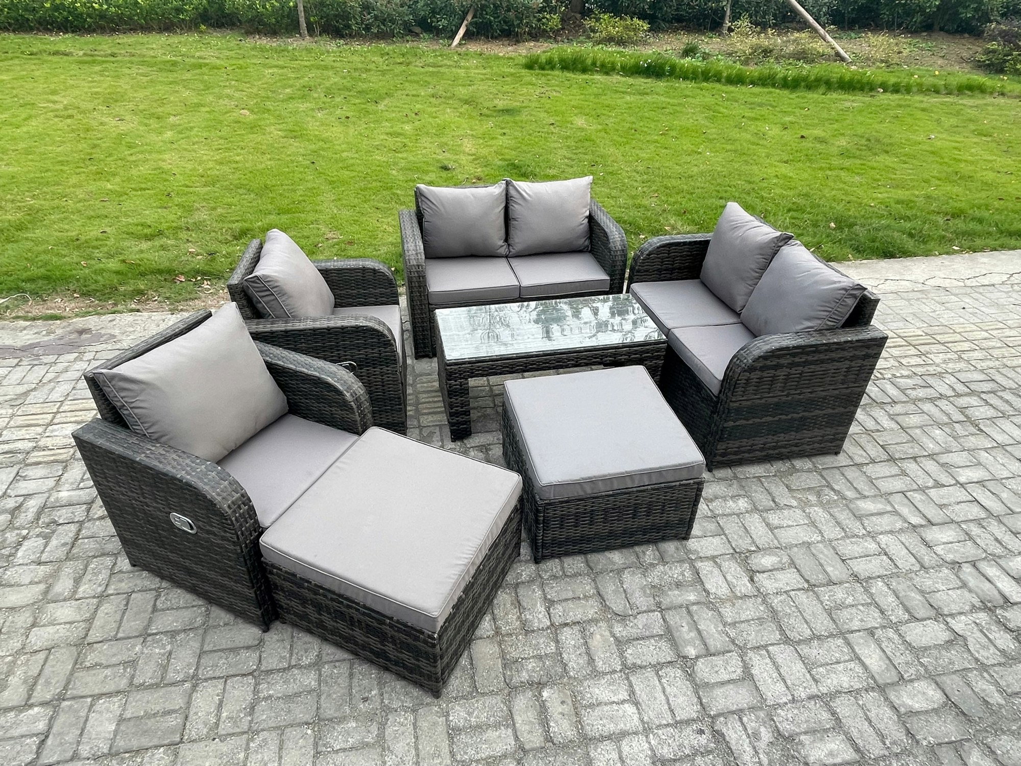 Rackhams Dark/Grey 8 Seater Rattan Wicker Garden Furniture Patio Conservatory Sofa Set With Rectangular Coffee Table Reclining Chair Love Sofa 2 Big Footstool