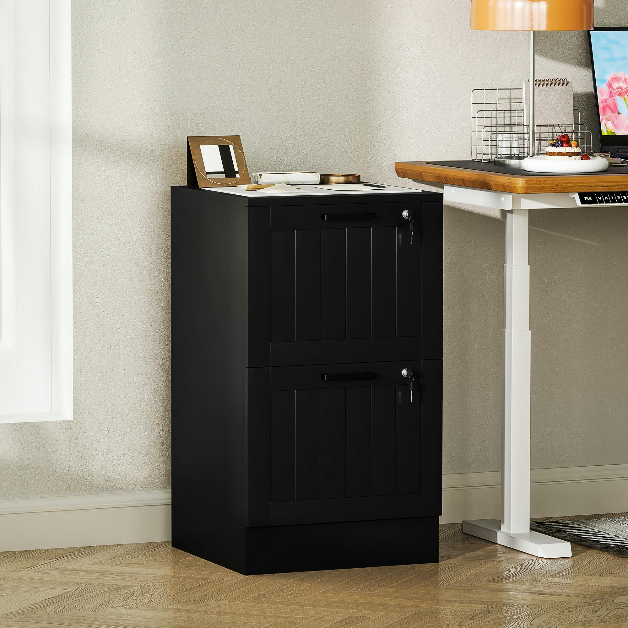Rackhams Black 2 Drawer File Cabinet With Lock And Adjustable Hanging Bars, - 2 - 71H X 40W X 40D Cm