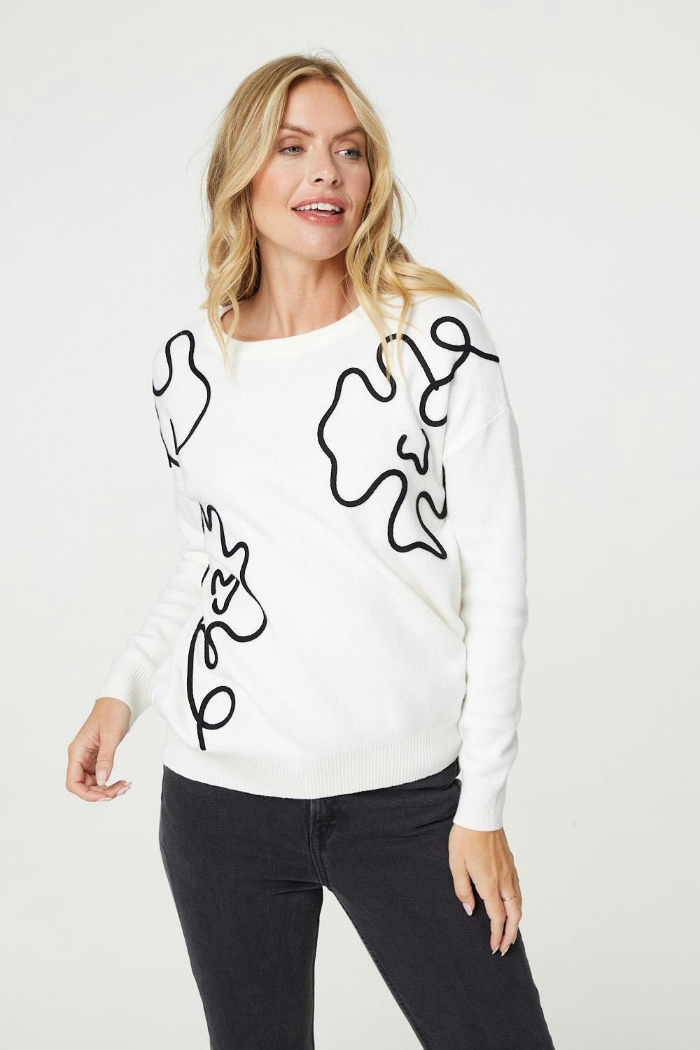 Izabel London White Abstract Print Scoop Neck Pullover - 8