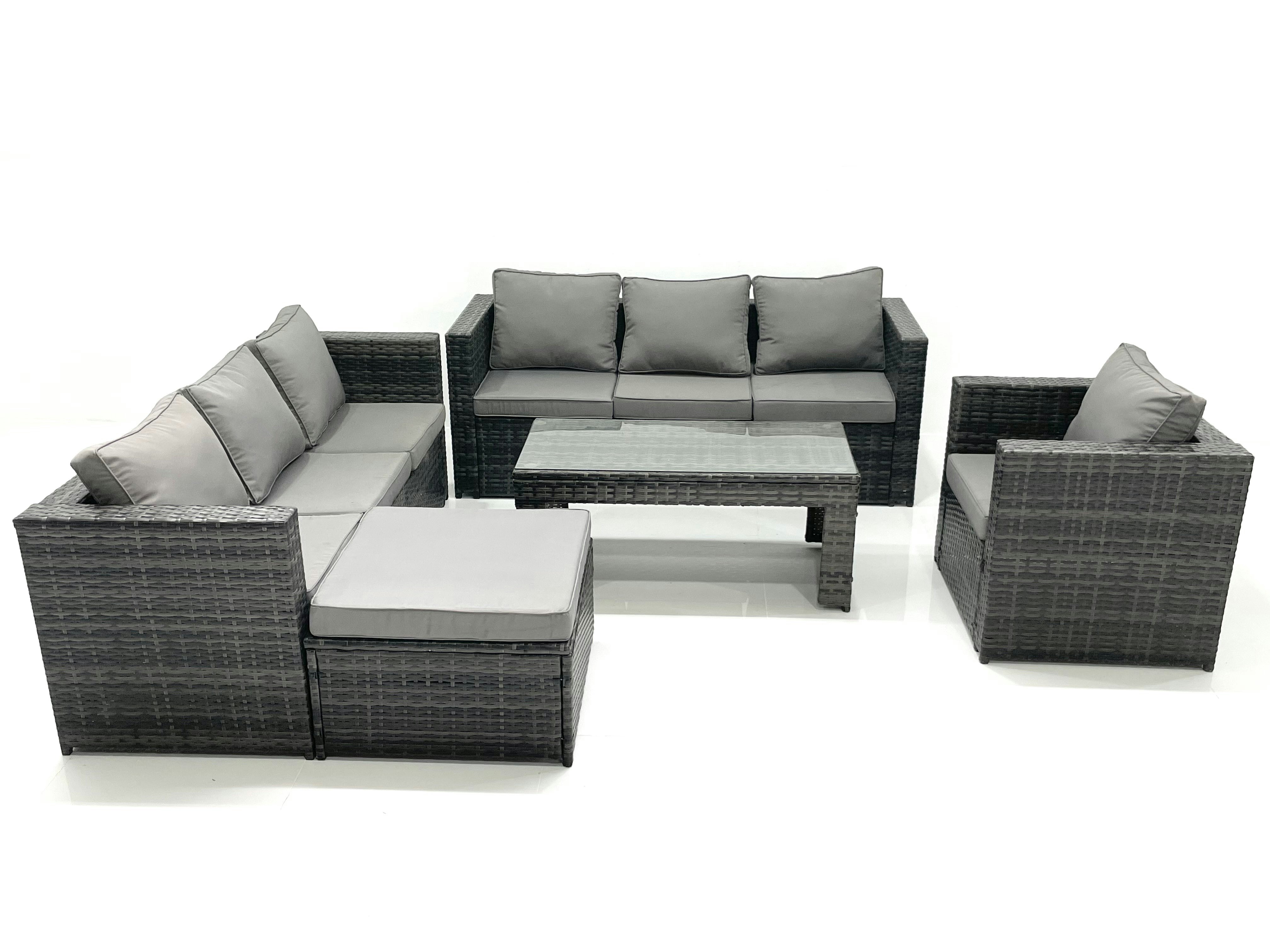 Fimous Dark/Grey Rattan Garden Furniture Set Outdoor 8 Seater Patio Conversation Sets With Glass Top Coffee Table
