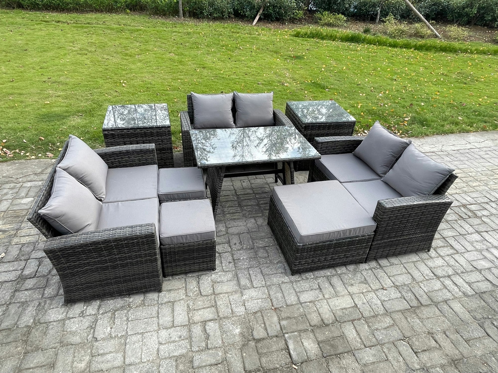 Rackhams Dark/Grey Outdoor Lounge Sofa Set - Mixed Wicker Pe Rattan Garden Furniture With Rectangular Dining Table & 3 Footstools