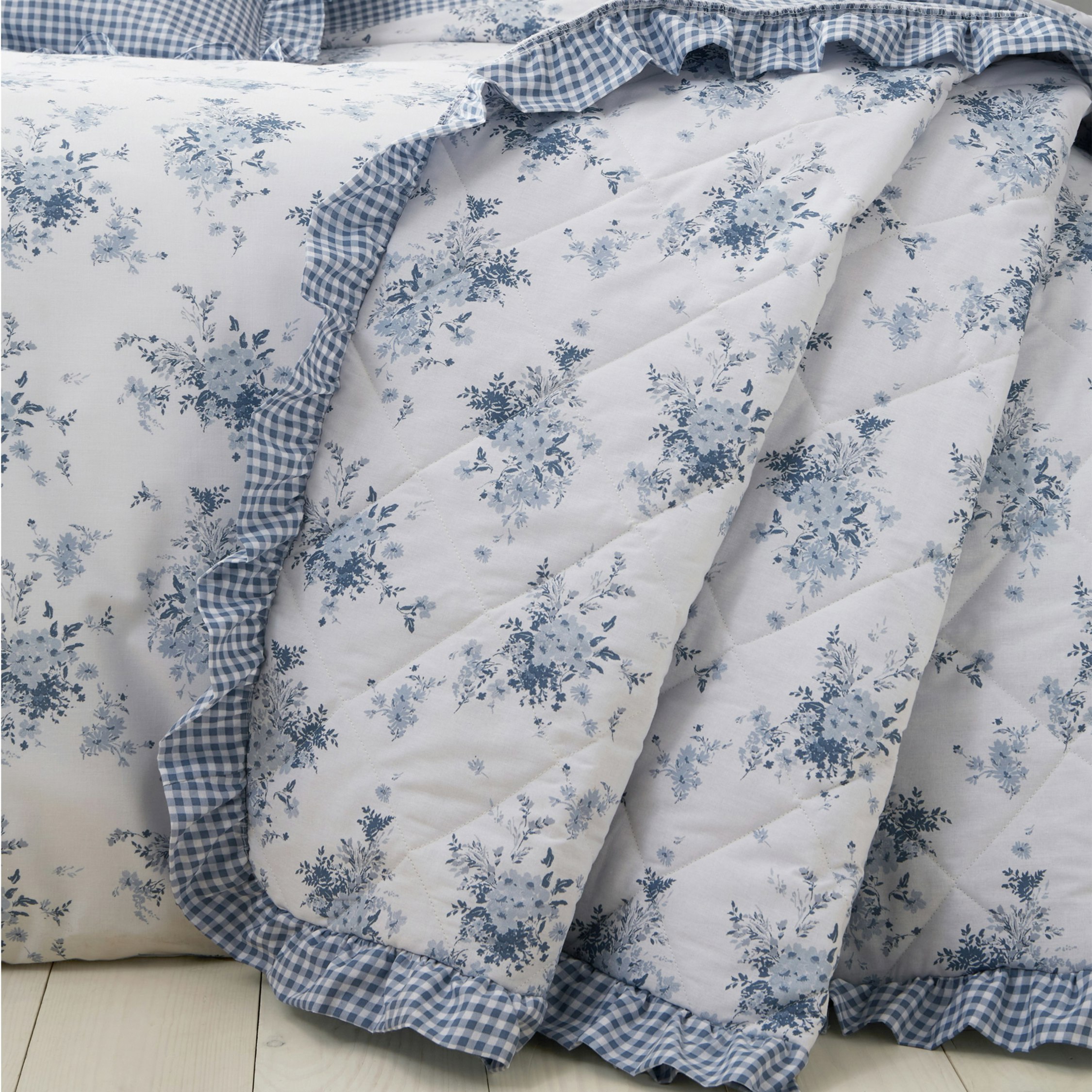 Rackhams White/Blue Lucie Floral Frill Fully Reversible Bedspread