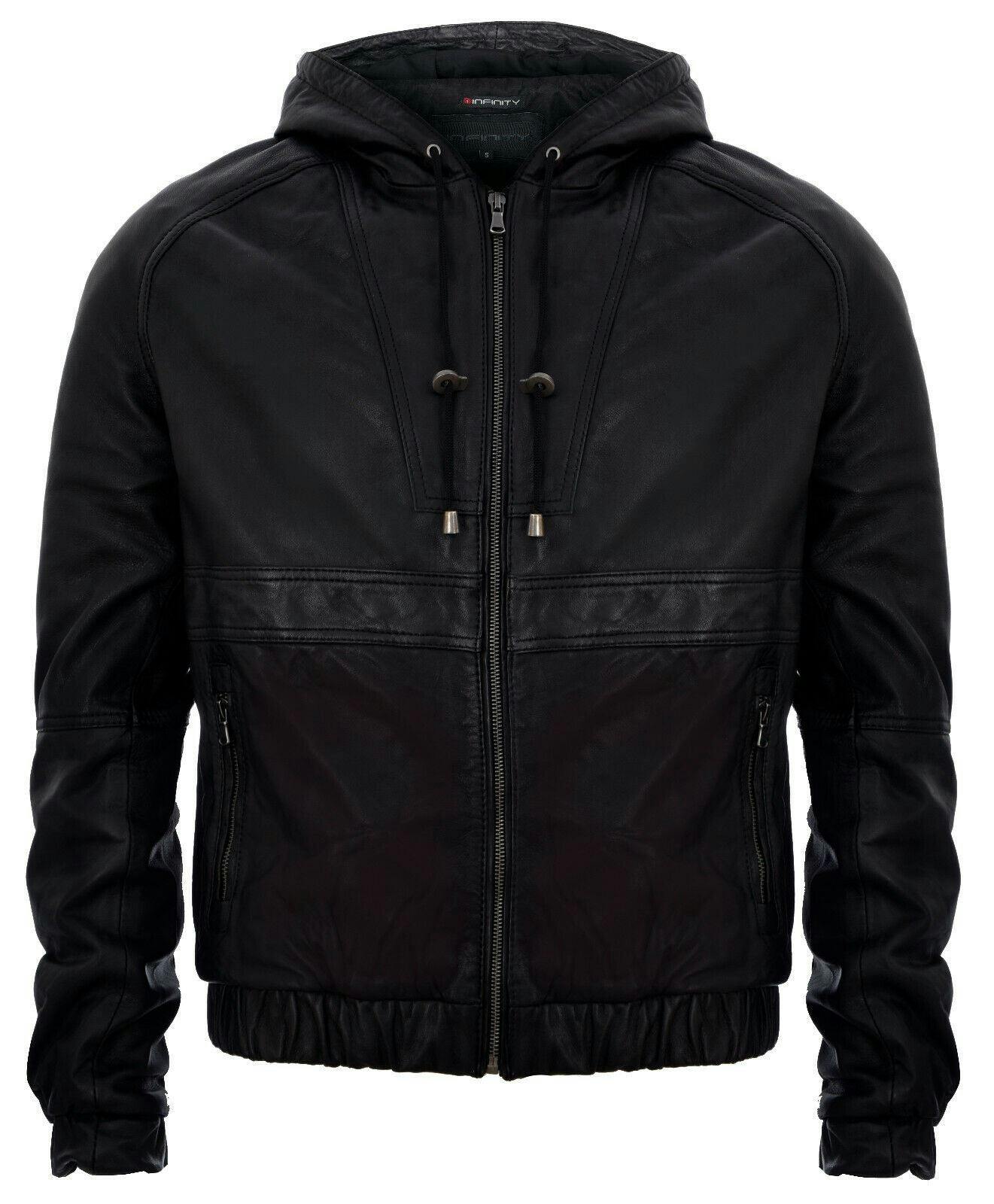 Infinity Leather Men's Black ’S Casual Leather Hooded Bomber Jacket-Odesa - Uk 4XL | Eu 58 | Us 48