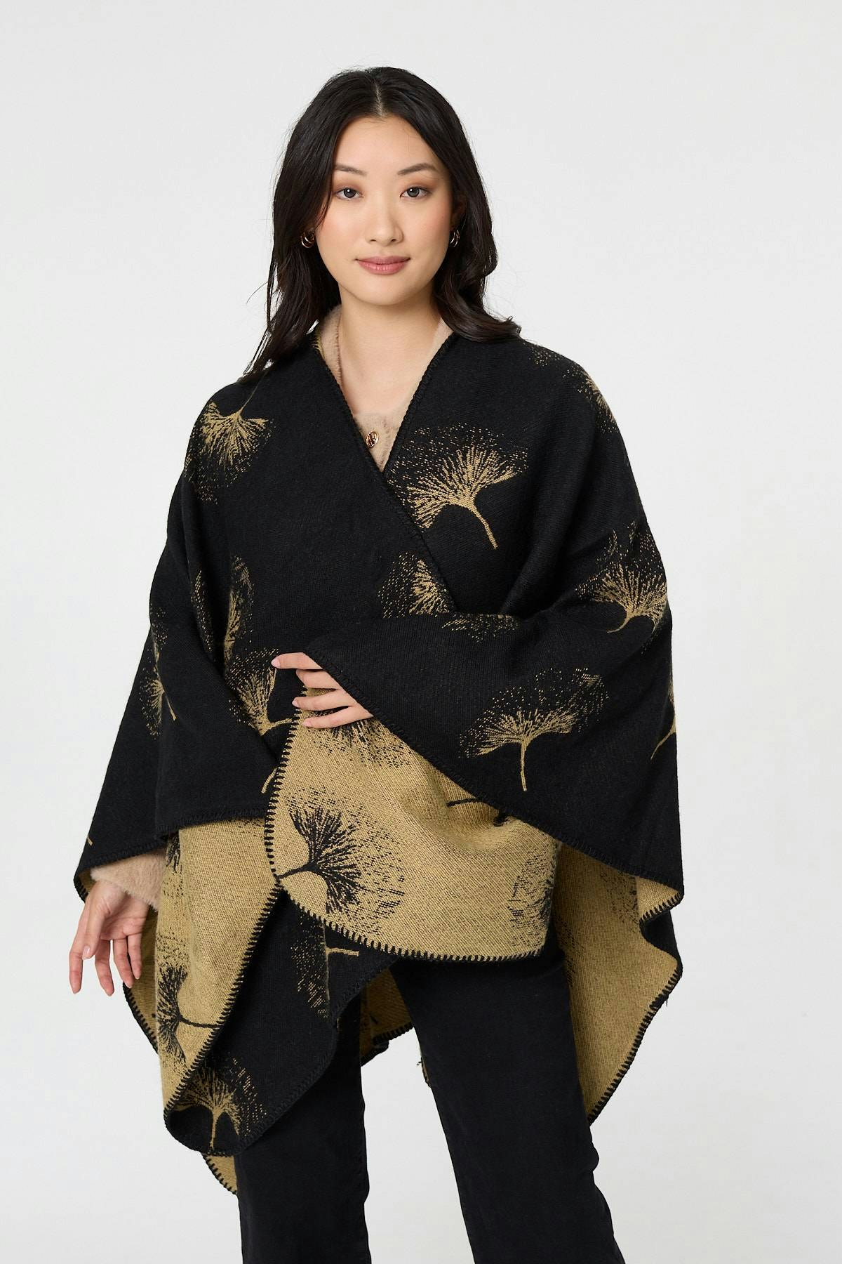 Izabel London Black Printed Open Front Oversized Poncho - One