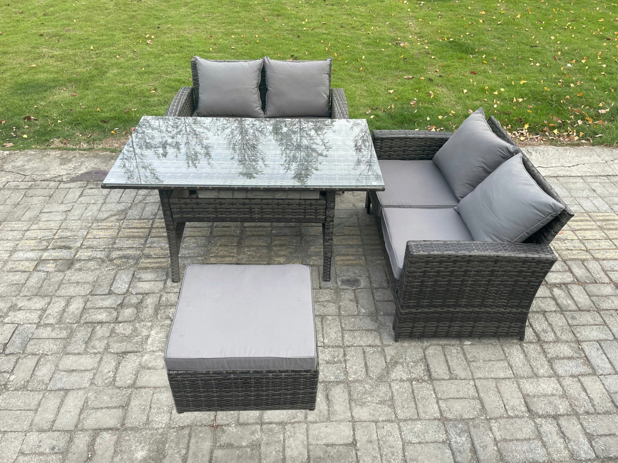Fimous Dark/Grey Pe Wicker Rattan Garden Furniture Set Love Sofa Outdoor Rectangular Dining Table Big Footstool
