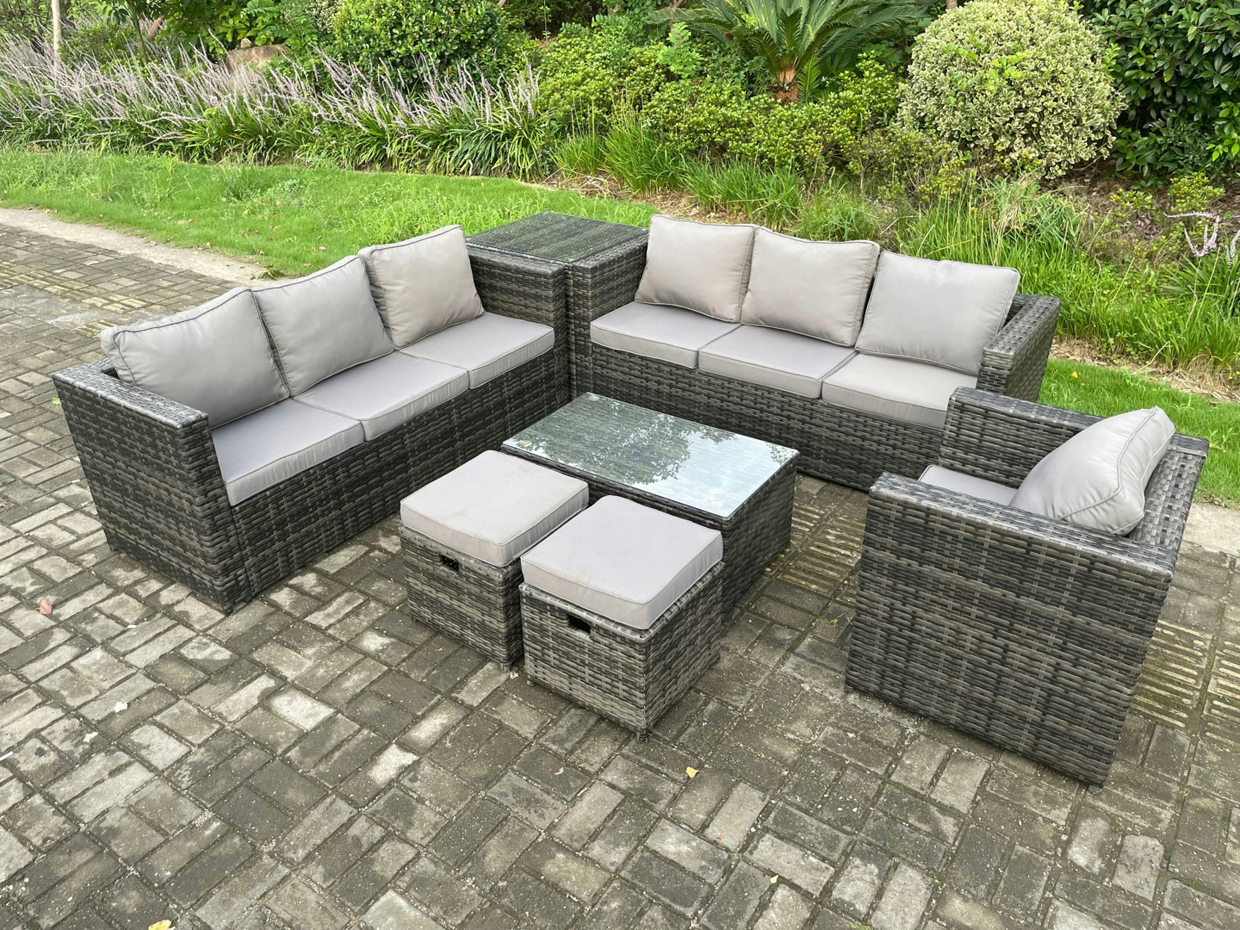 Rackhams Dark/Grey Wicker Pe Rattan Sofa Set Outdoor Patio Garden Furniture With Armchair Oblong Coffee Table Side Table 2 Small Footstools Mixed