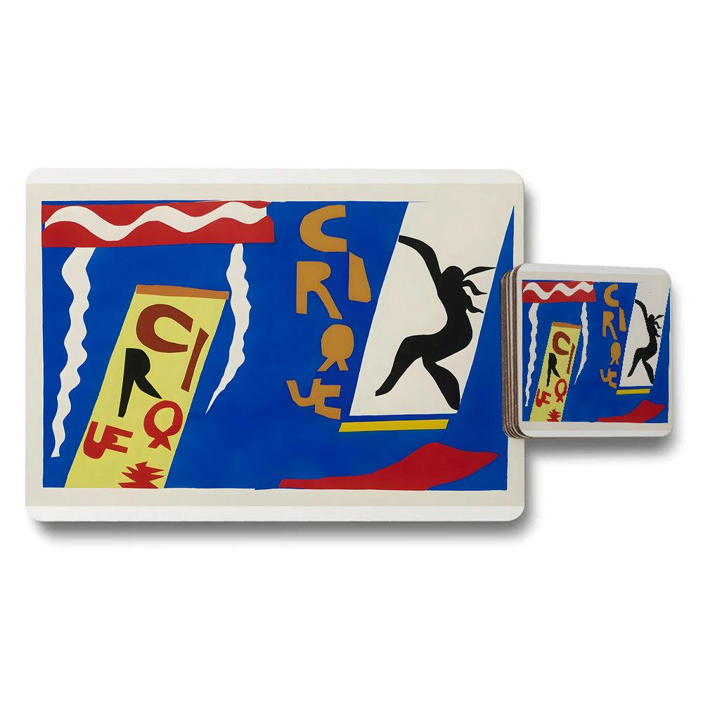 Benjamin Tate Design Blue/Red/Yellow Abstract Art Placemat And Coaster Set With Colorful Silhouette Design