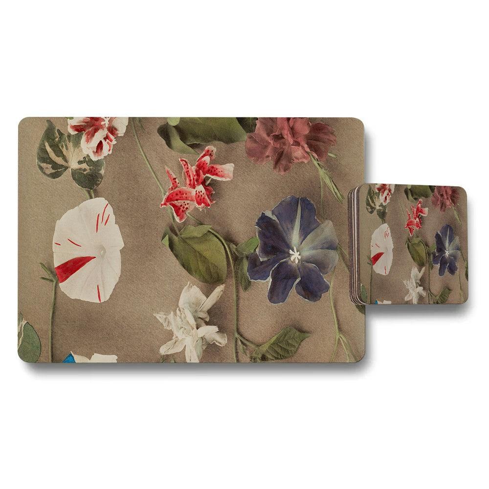 Rackhams Brown Floral Placemats And Coaster Set With Vintage Botanical Design