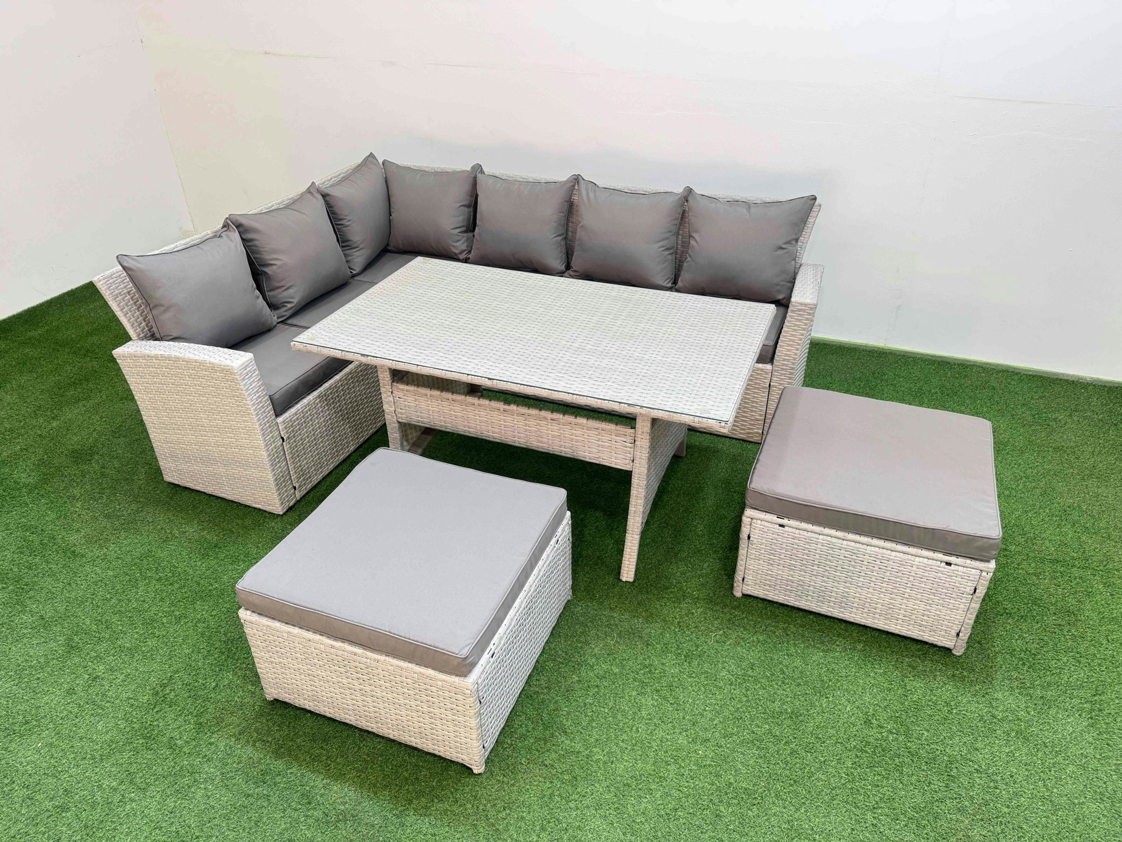 Rackhams Light/Grey 8 Seater Rattan Garden Furniture Set Outdoor Patio Dining Corner Sofa Sets With Dining Table 2 Big Footstools Mixed