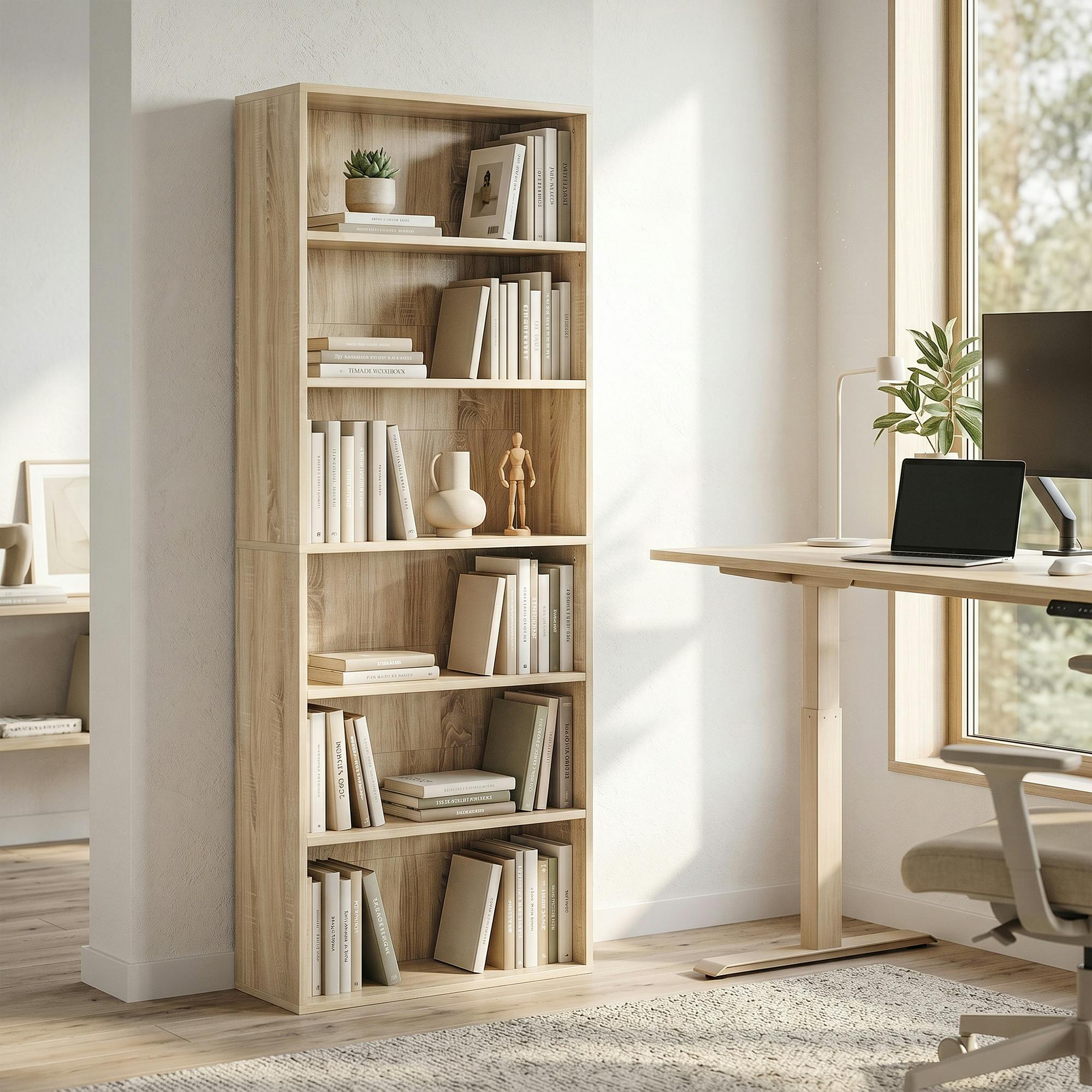 Rackhams 6 Tier Bookcase, Freestanding Bookshelf With Adjustable Shelves, Oak - 24