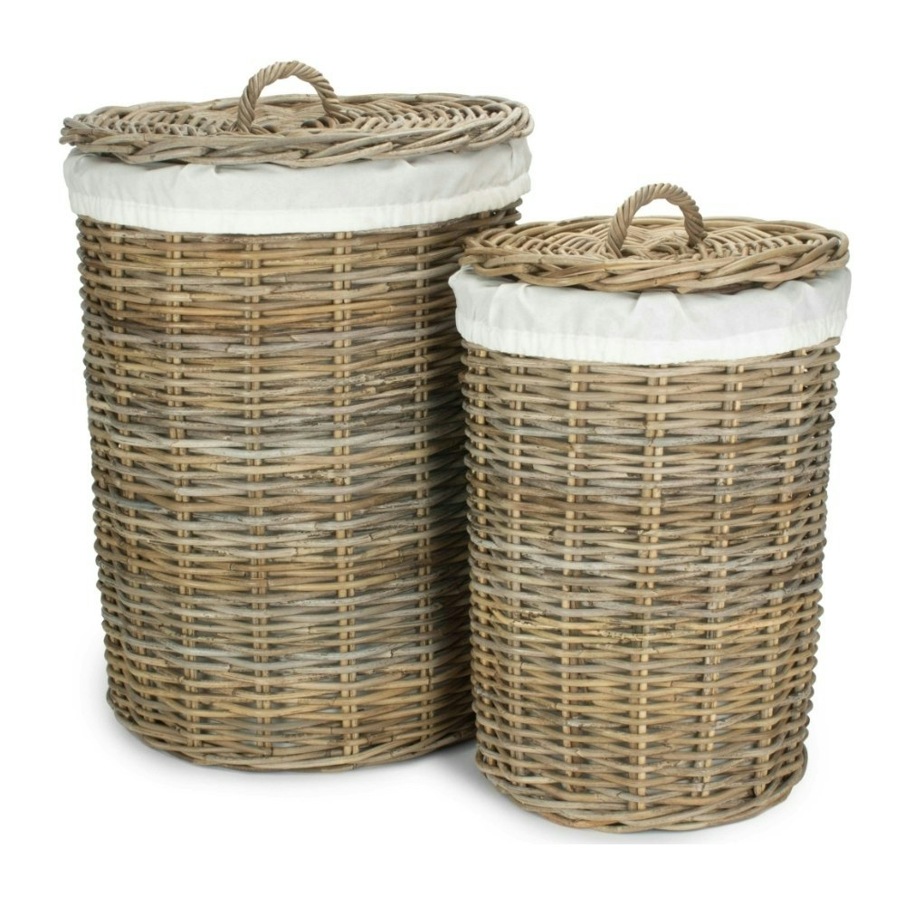 Red Hamper Red/White Hamper Set Of 2 Round Rattan Laundry Basket With Lining