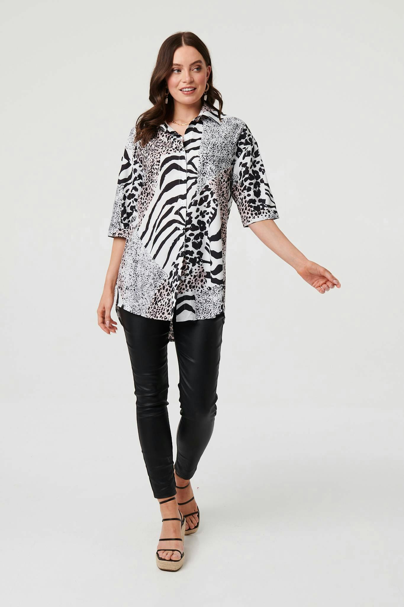 Izabel London Black Animal Print 1/2 Sleeve Longline Shirt - 14