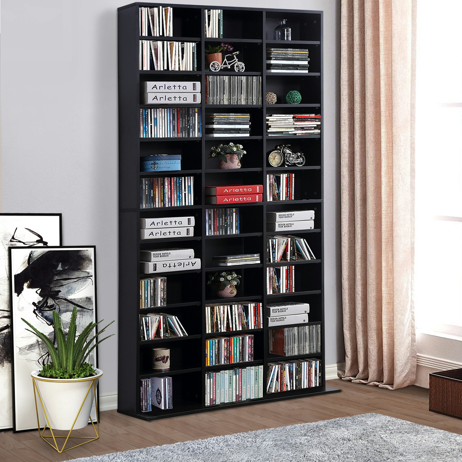 Rackhams Black Cd Dvd Media Storage Shelves Display Shelf Racks Wooden Frame