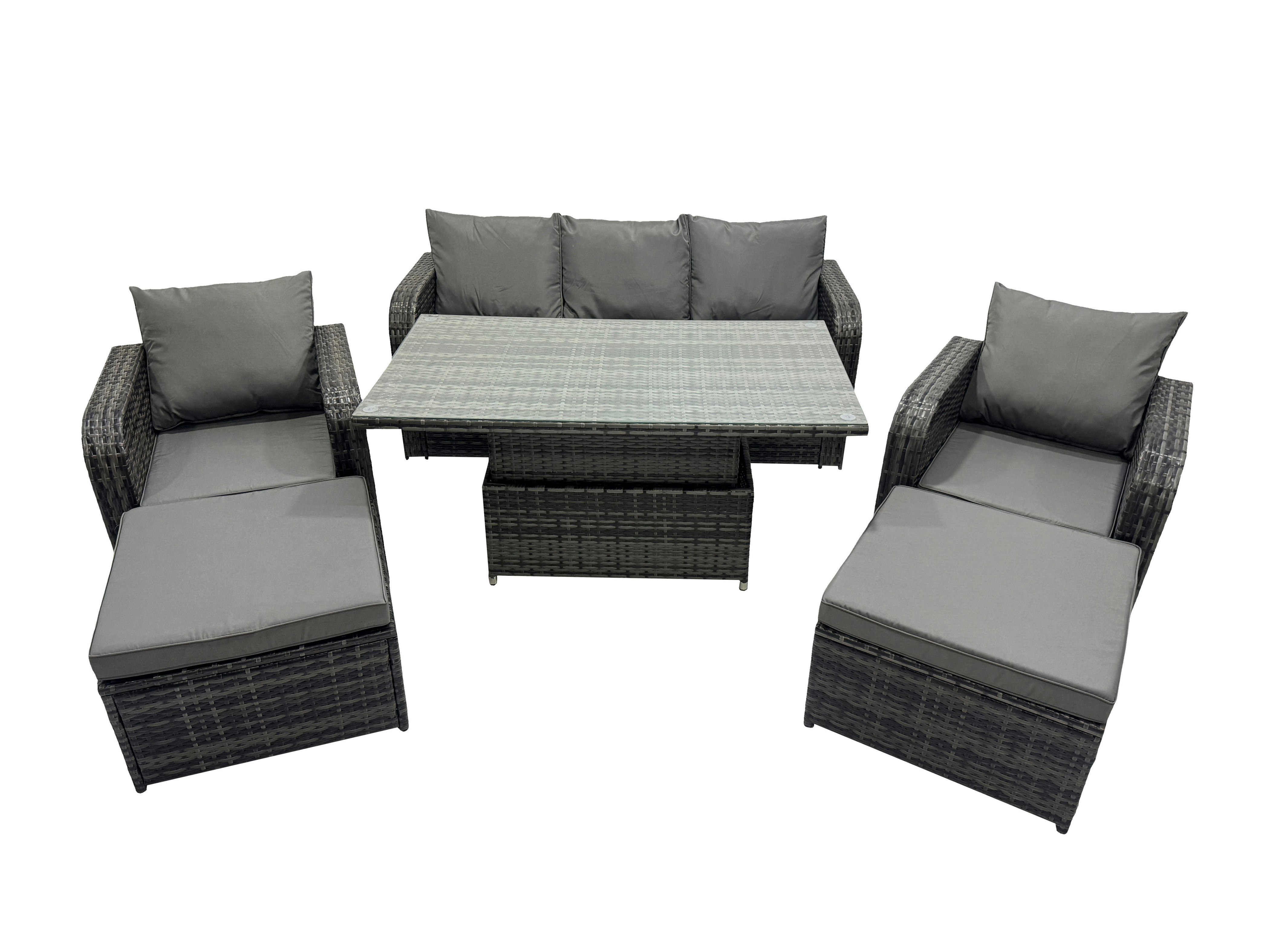 Rackhams Dark/Grey Rattan Garden Furniture Dining Set 6 Seater Patio Height Adjustable Rising Lifting Table Sofa Set With 2 Big Footstools Mixed