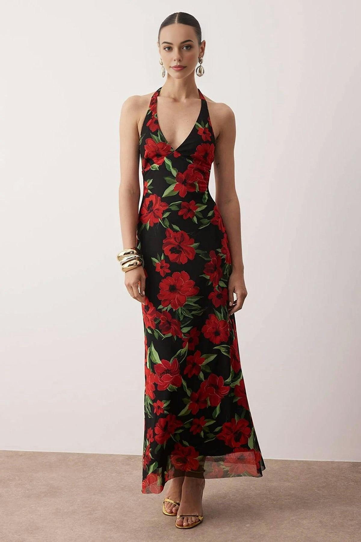 Wovcor Floral Knitted Tulle Maxi Evening Dress - Multi - L