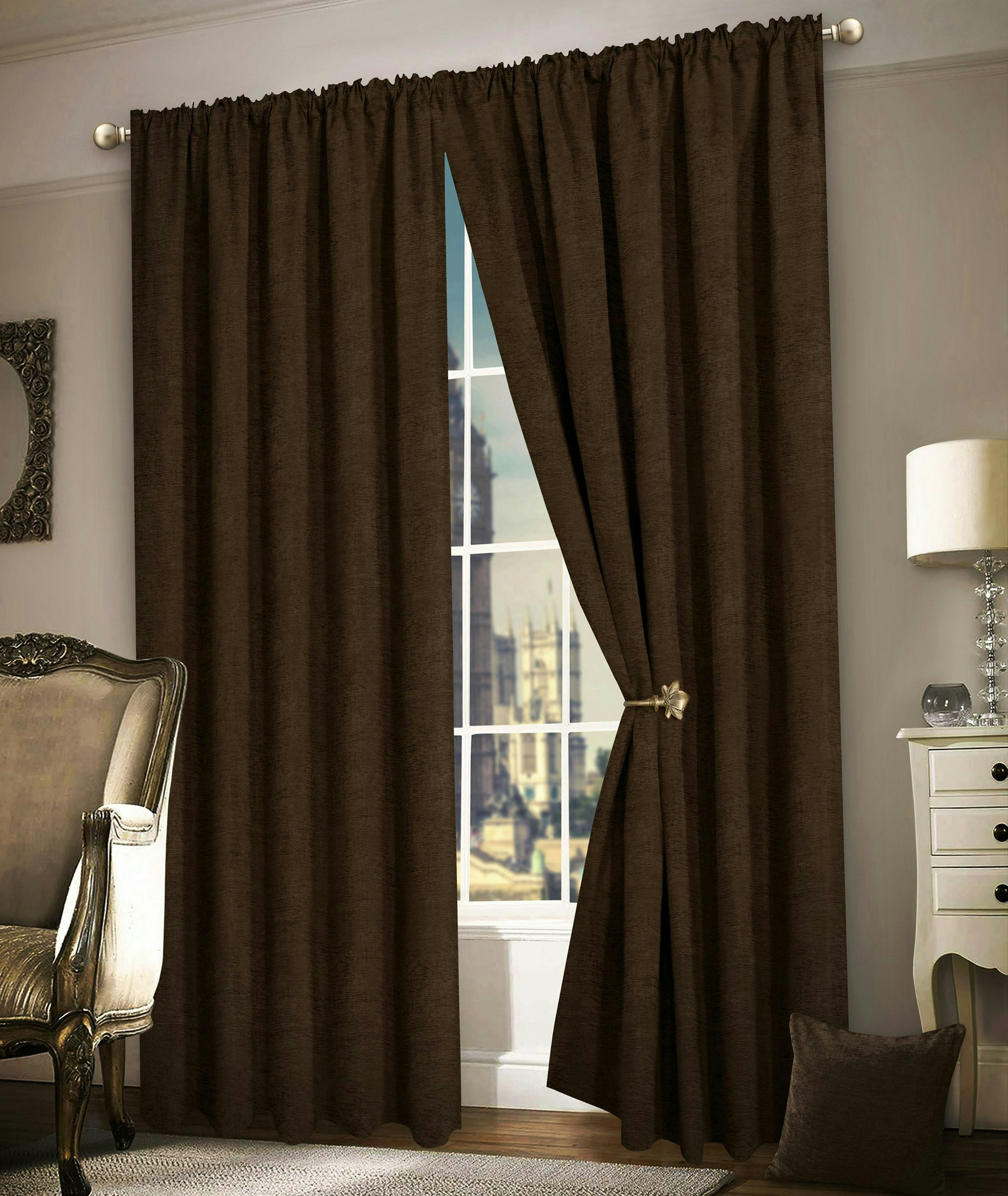 Intimates Luxury Plain Chenille Eyelet Curtains - 117Cm X 182Cm - Chocolate