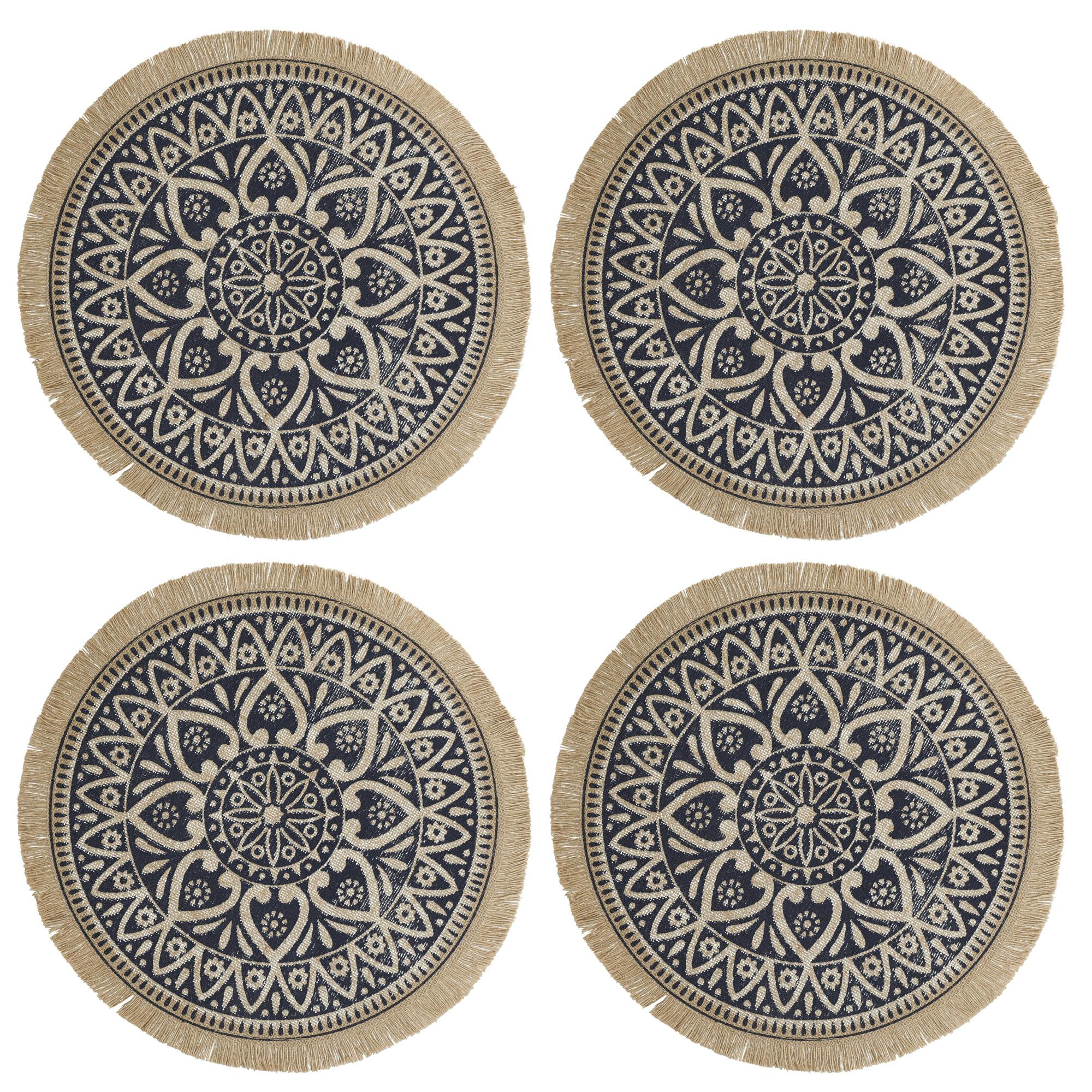 Rackhams Blue Set Of 4 Jute Placemats With Mandala Design, Natural Printed Hessian - Hessian - Placemats And Coasters - Image 3
