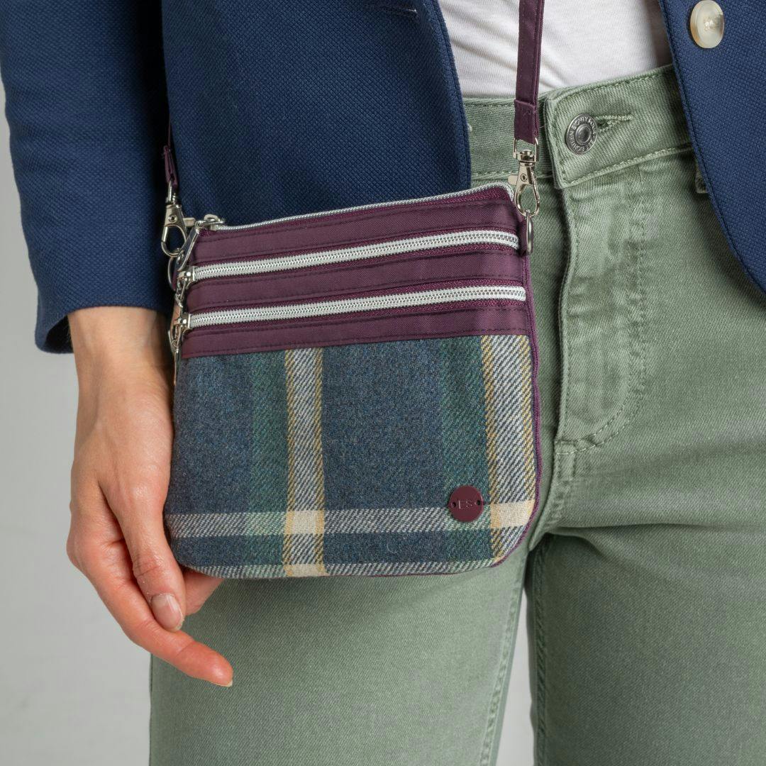 Earth Squared Light Tweed Mini Crossbody Pouch – Tartan 3 Zip Purse Bag - Multi
