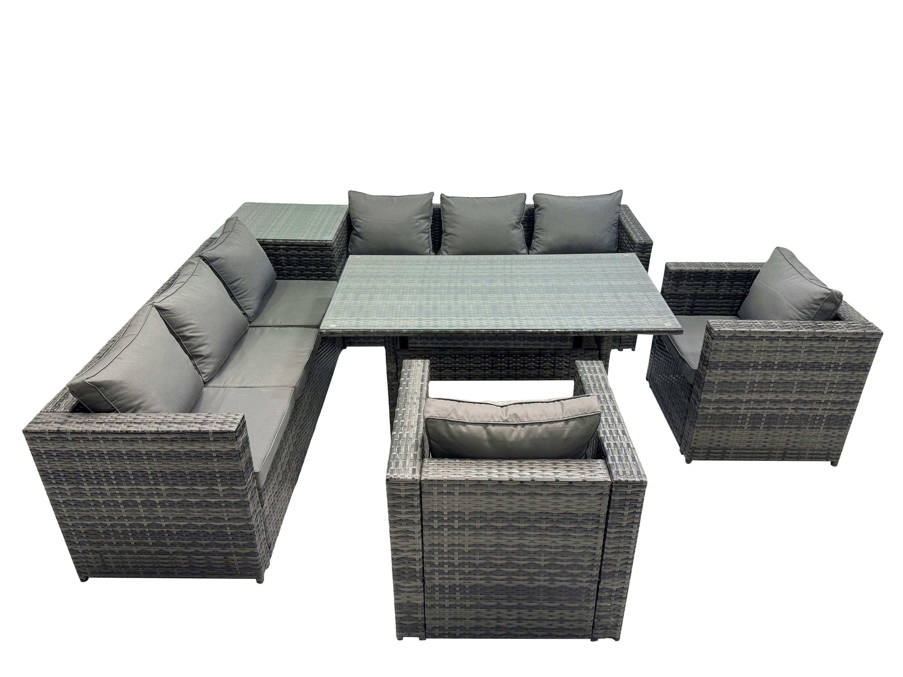Rackhams Dark/Grey 8 Seater Outdoor Corner Sofa Chair Dining Table Set Garden Rattan Furniture Set With Side Table