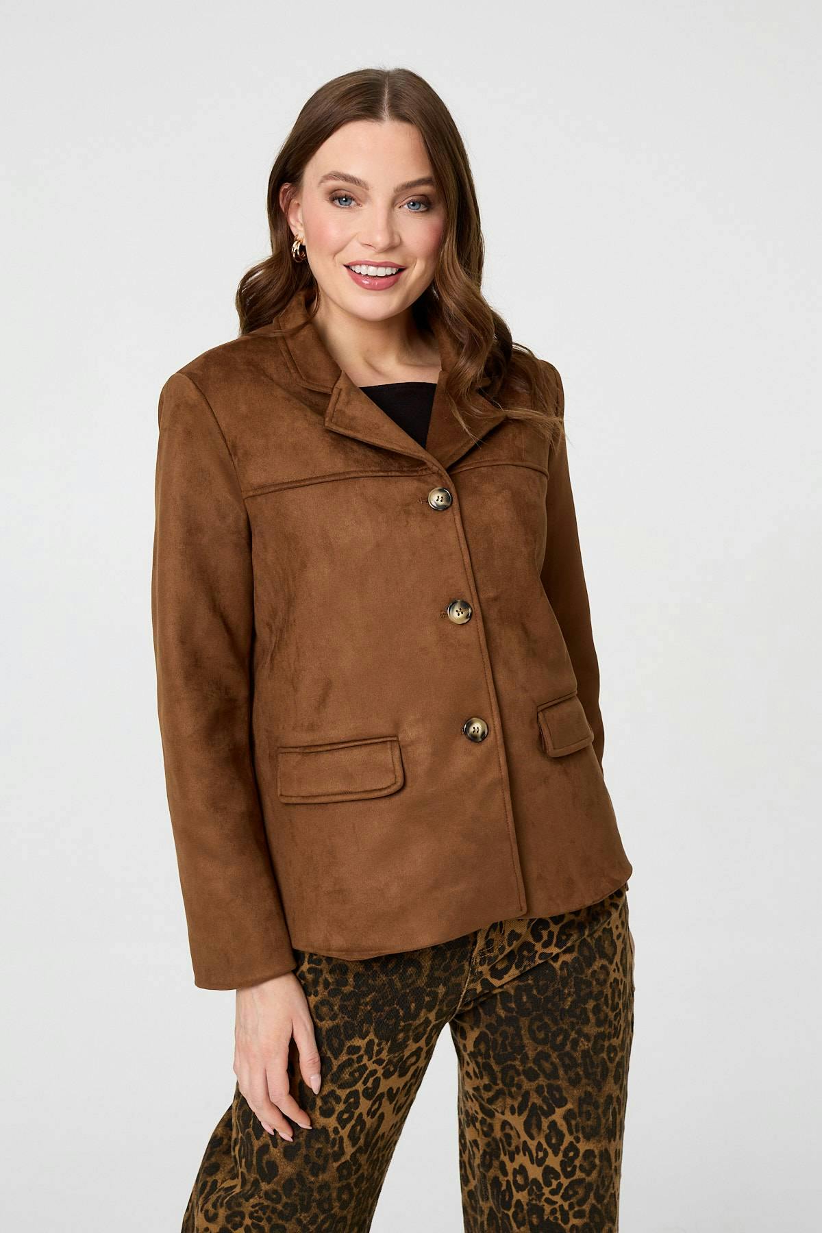 Izabel London Brown Faux Suede Pocket Front Slim Jacket - 14