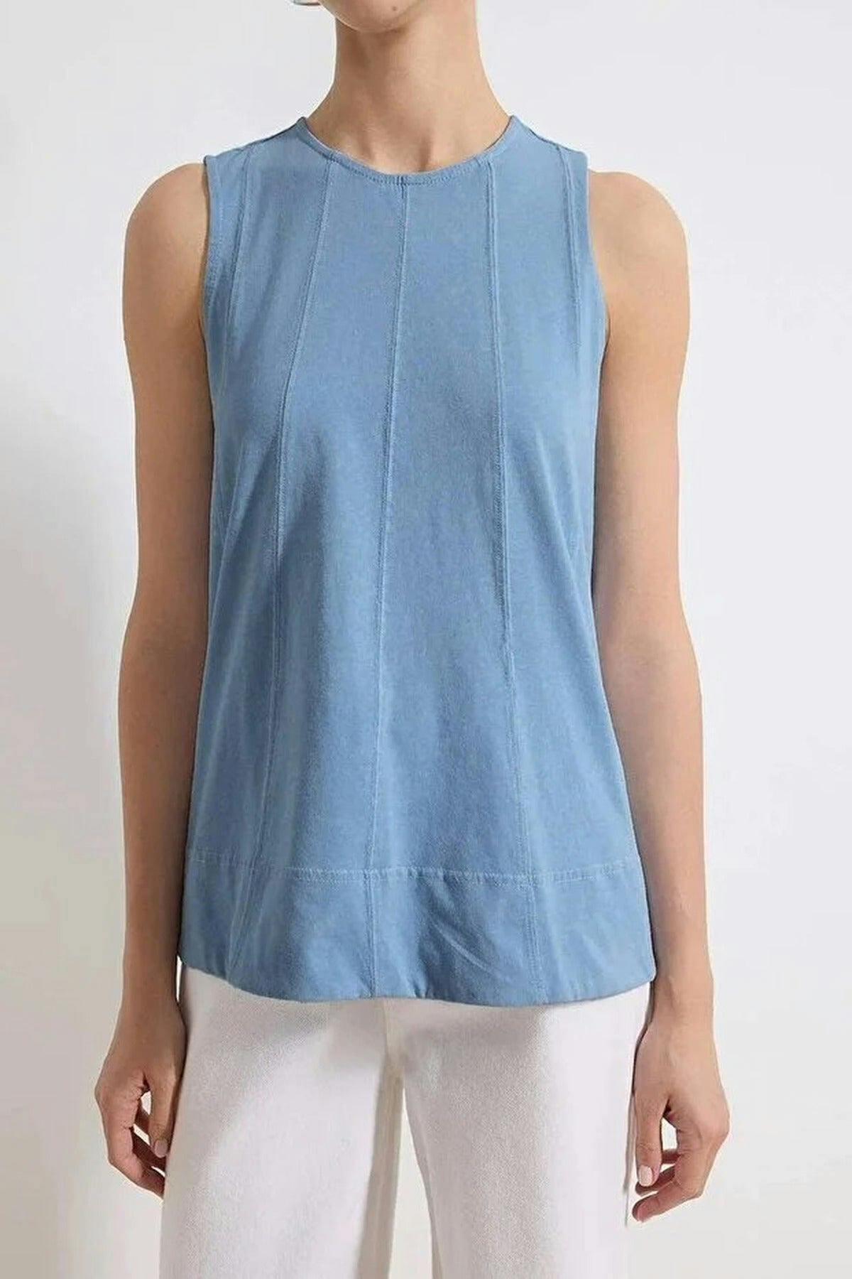 Wovcor Blue Relaxed Crew Neck Sleeveless Stitched Detail Knitted Blouse - Xs
