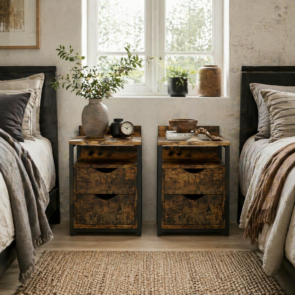 Rackhams Brown Dikedo Set Of 2 Industrial Metal And Wooden Rustic Bedside Tables 2 Drawer And Shelf