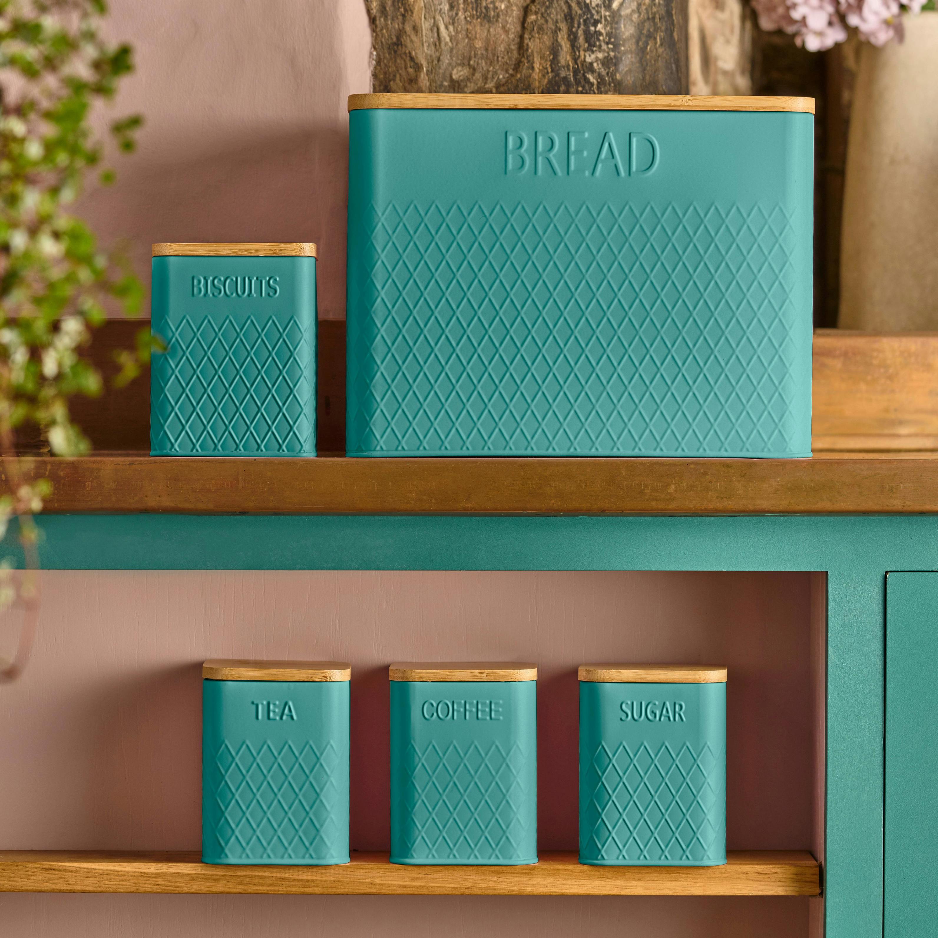 Cooks Professional 5-Piece Kitchen Storage Set - Teal, Blue - Stainless Steel with Bamboo Lids - Tea, Coffee, Sugar, Bread, Biscuits - Image 4